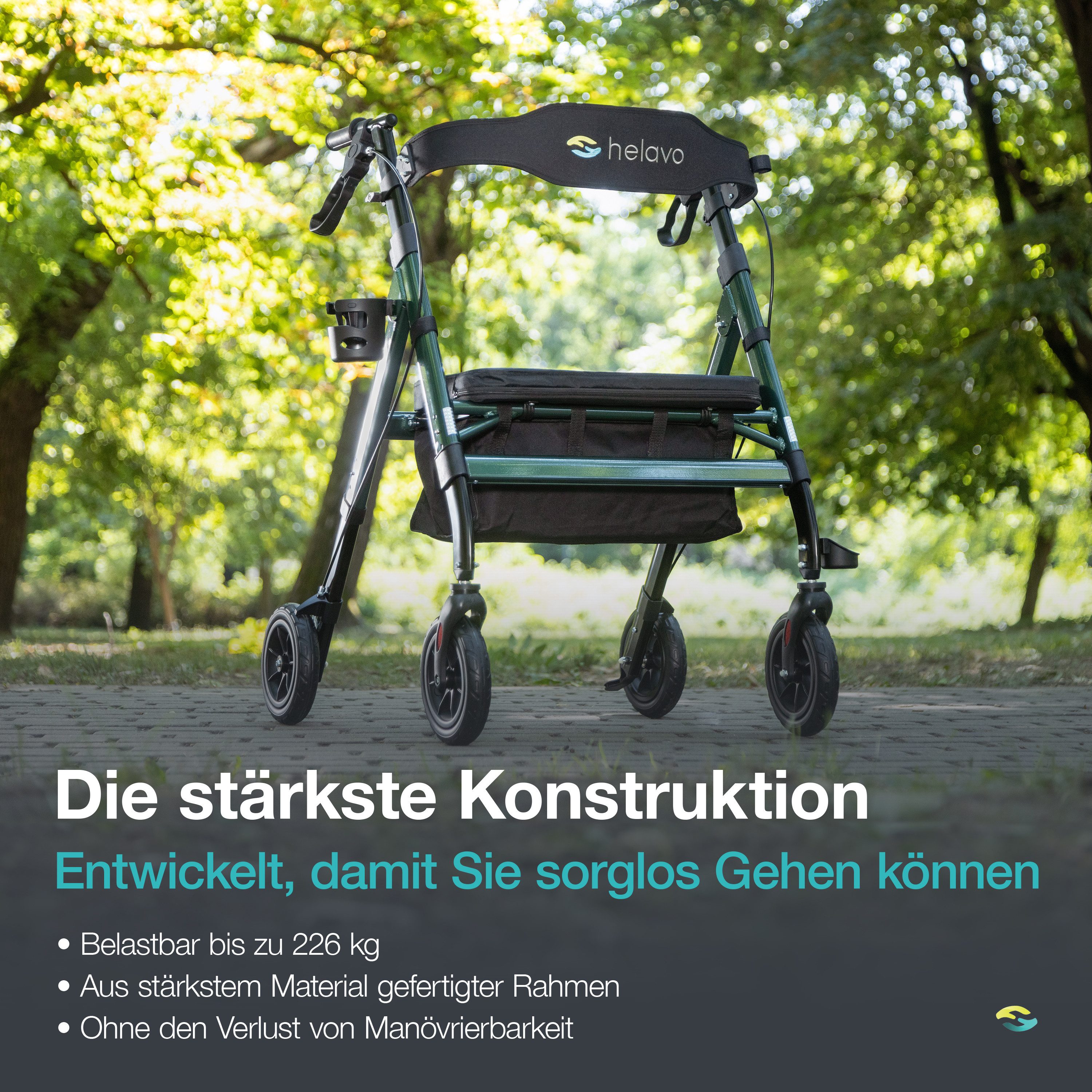 Helavo Rollator H1150, Schwerlastrollator faltbar & extra breit mit Sitz & Einkaufskorb