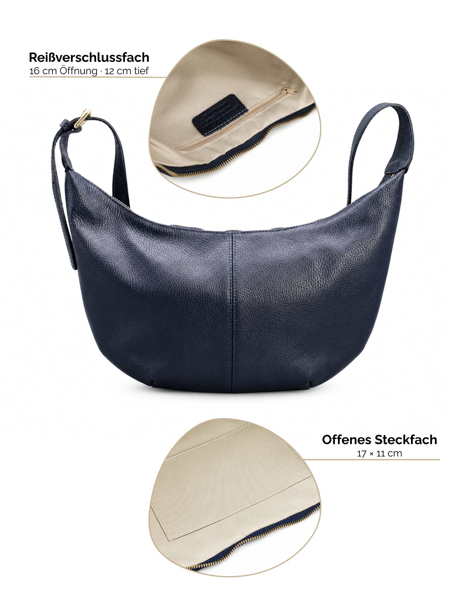 Adel Bags Schultertasche Lunara Echtleder Schultertasche Damen Hobo Bag Made in Italy (Einzelartikel), 100 % Echtleder Made in Italy mit verstellbarem Schulterr – Bild 5 von 5