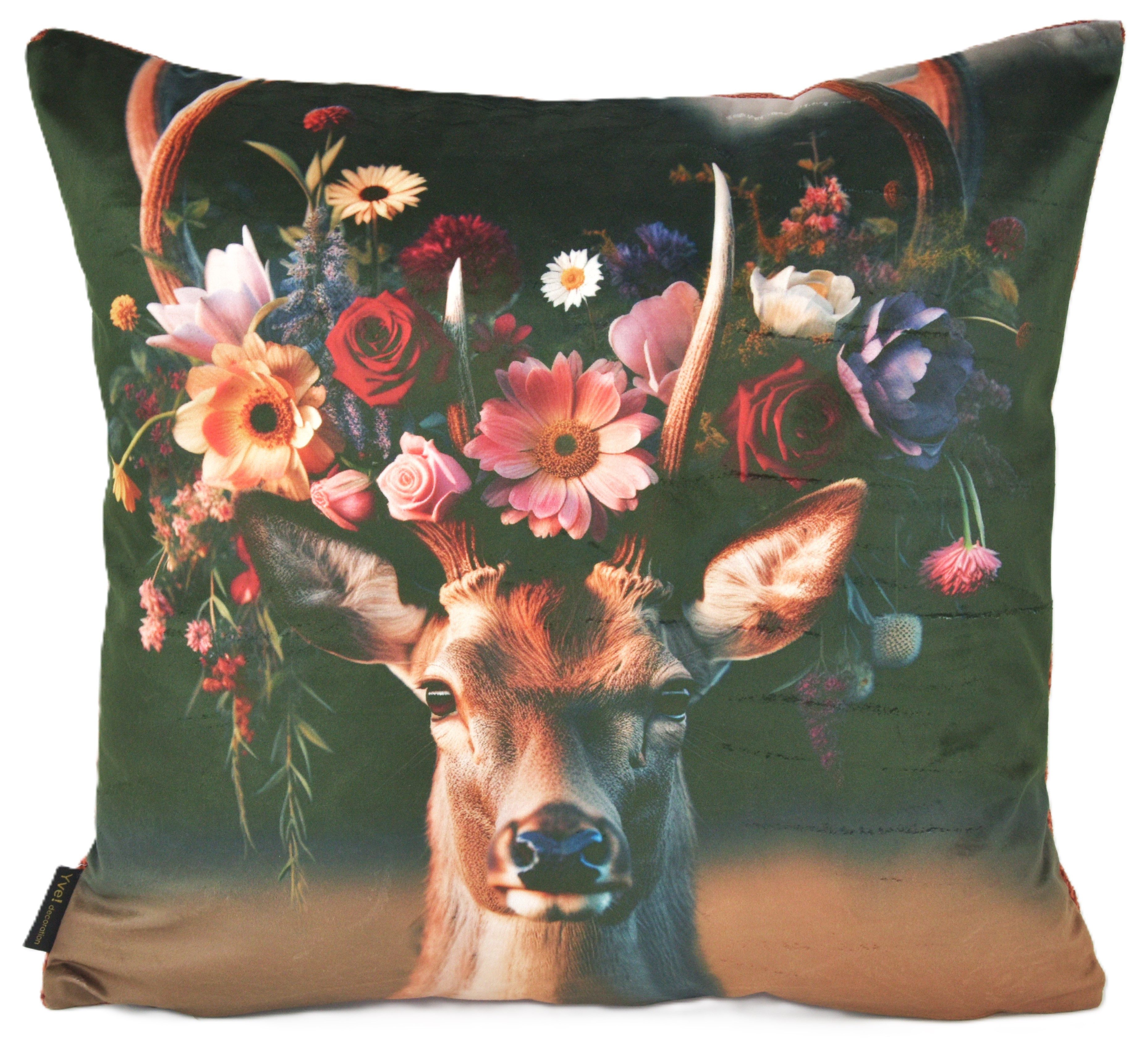 Yve! Decoration Kissenhülle Zierkissenhülle Hirschkopf mit Blumen ca. 45x45 cm, (1 Stück), Wendekissen mit Reißverschluss