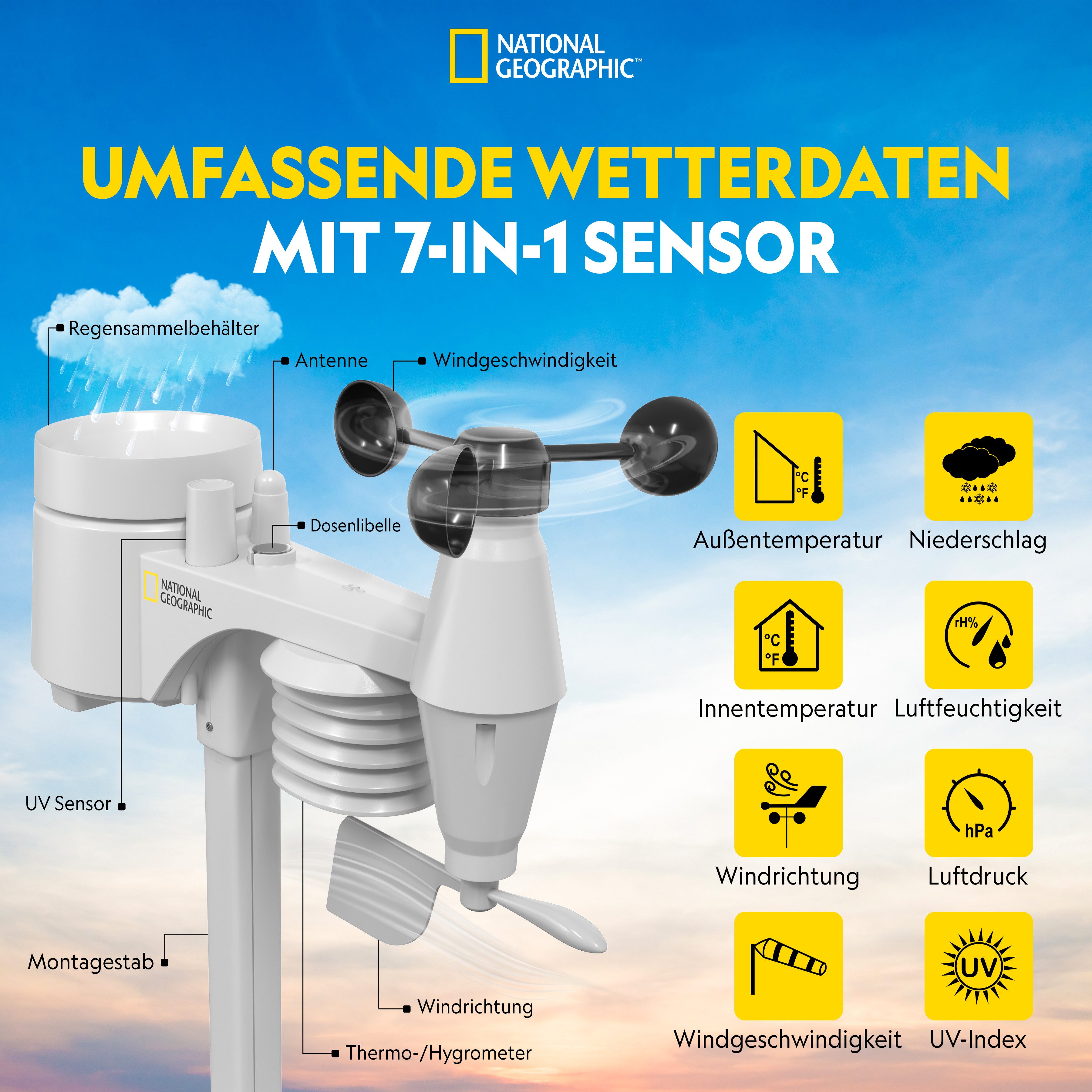 NATIONAL GEOGRAPHIC NATIONAL GEOGRAPHIC WLAN-Farbwetterstation mit 7-in-1-Profi-Sensor Wetterstation