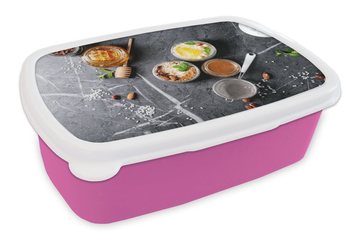 MuchoWow Lunchbox Honig - Gewürze - Küche - Marmor, Kunststoff, (2-tlg), Brotbox für Erwachsene, Brotdose Kinder, Snackbox, Mädchen, Kunststoff rosa