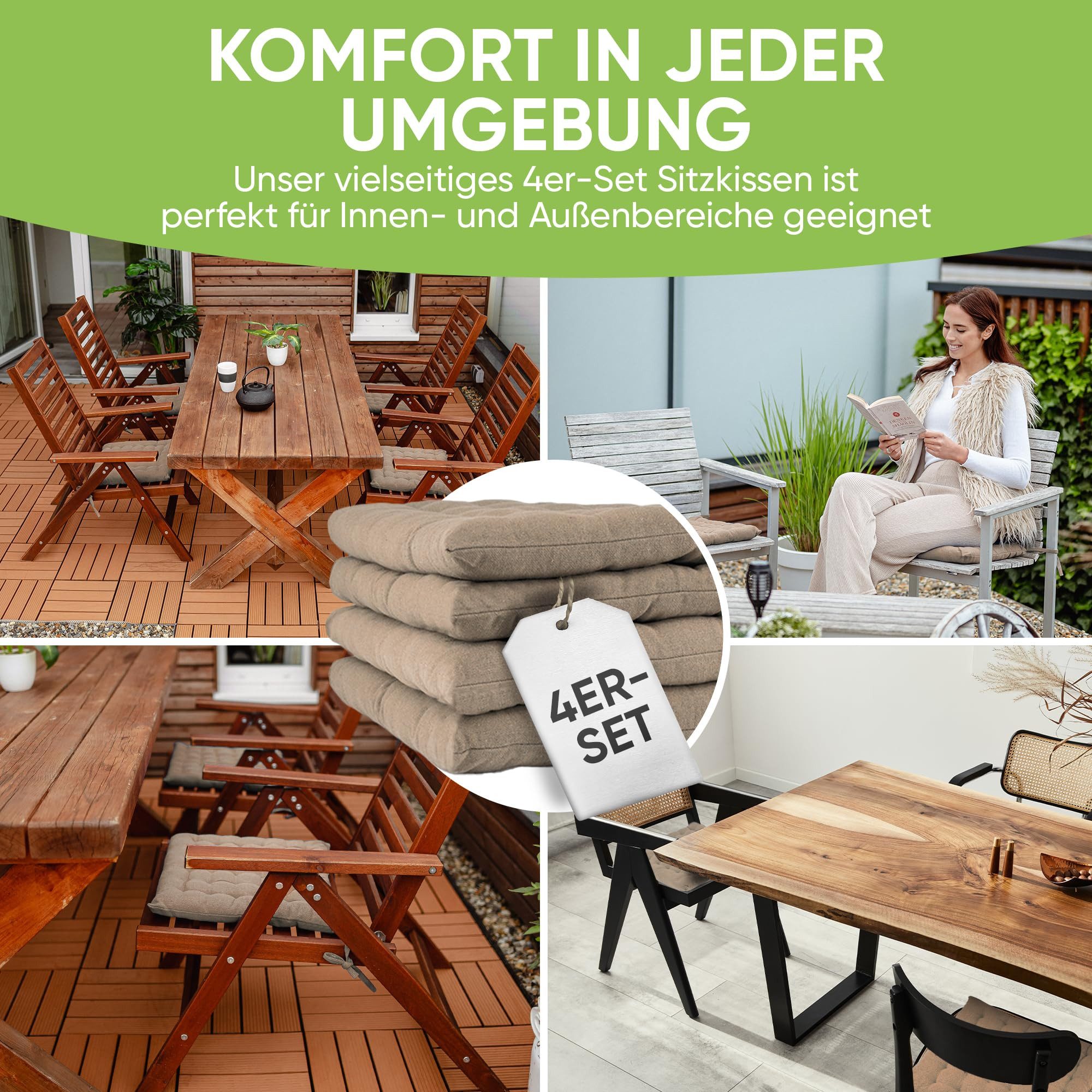 Gräfenstayn Stuhlkissen Stuhl 40×40 cm – Sitzkissen 4er‑Set Baumwolle, robustes Sitzkissen für Indoor & Outdoor, mit Haltebändern