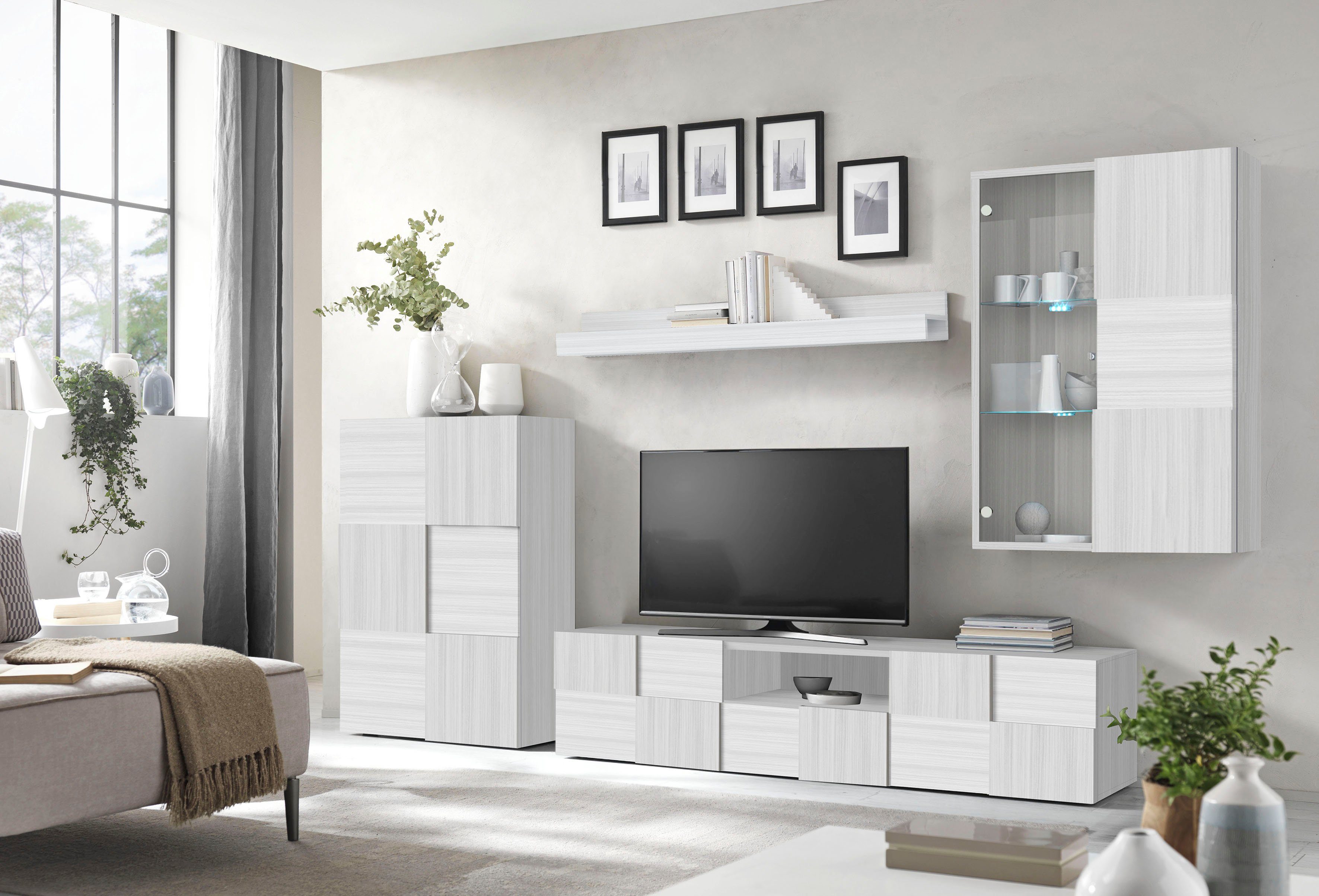 Home affaire Wohnwand Dama, 4tlg.Breite 300 cm, Höhe 200 cm, moderne Anbauwand in 3D-Optik, (Set, 4-St), (Lowboard, Stauraumschrank, Hängevitrine, Wandboard) viel Stauraum