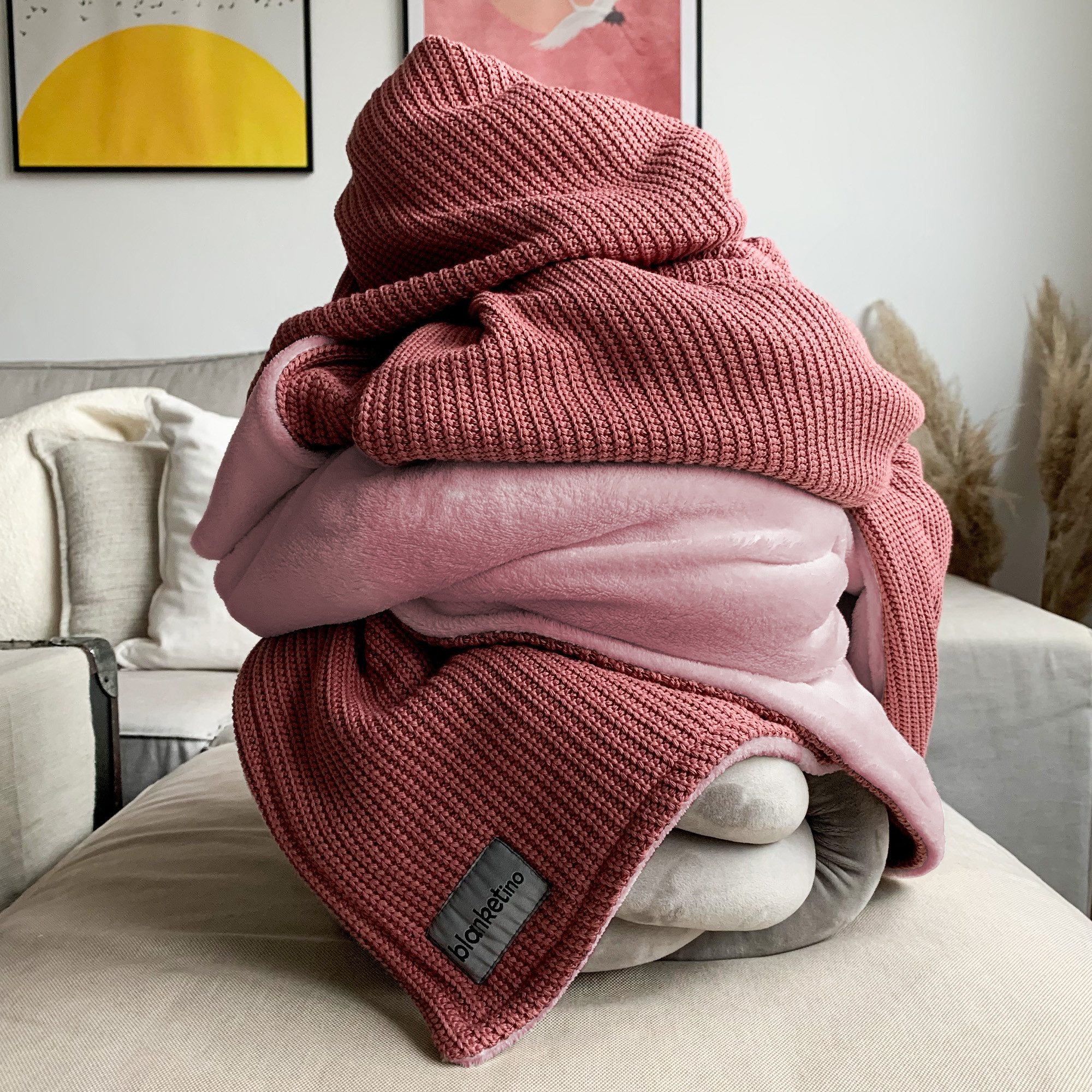 Wohndecke flauschige Kuscheldecke, wärmende Couchdecke im Strick Design, blanketino, Stilvolle Sofadecke, Überdecke in Mauve Цвета(ов)