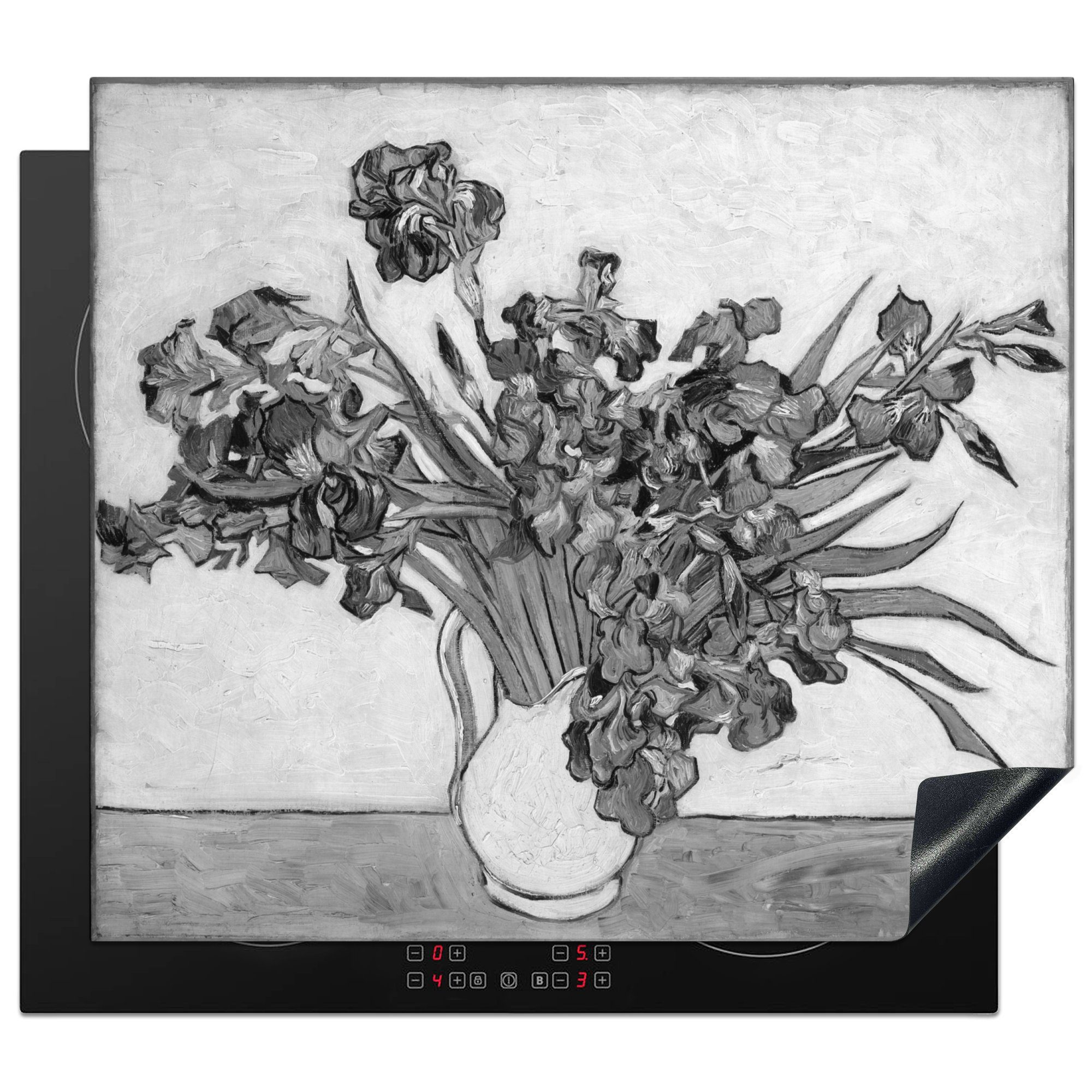 Induktionsmatte (1 Ceranfeldabdeckung für Vincent - tlg), MuchoWow van Schwarz Schwertlilien cm, 59x52 Vinyl, Gogh Herdblende-/Abdeckplatte die Weiß, - - küche,