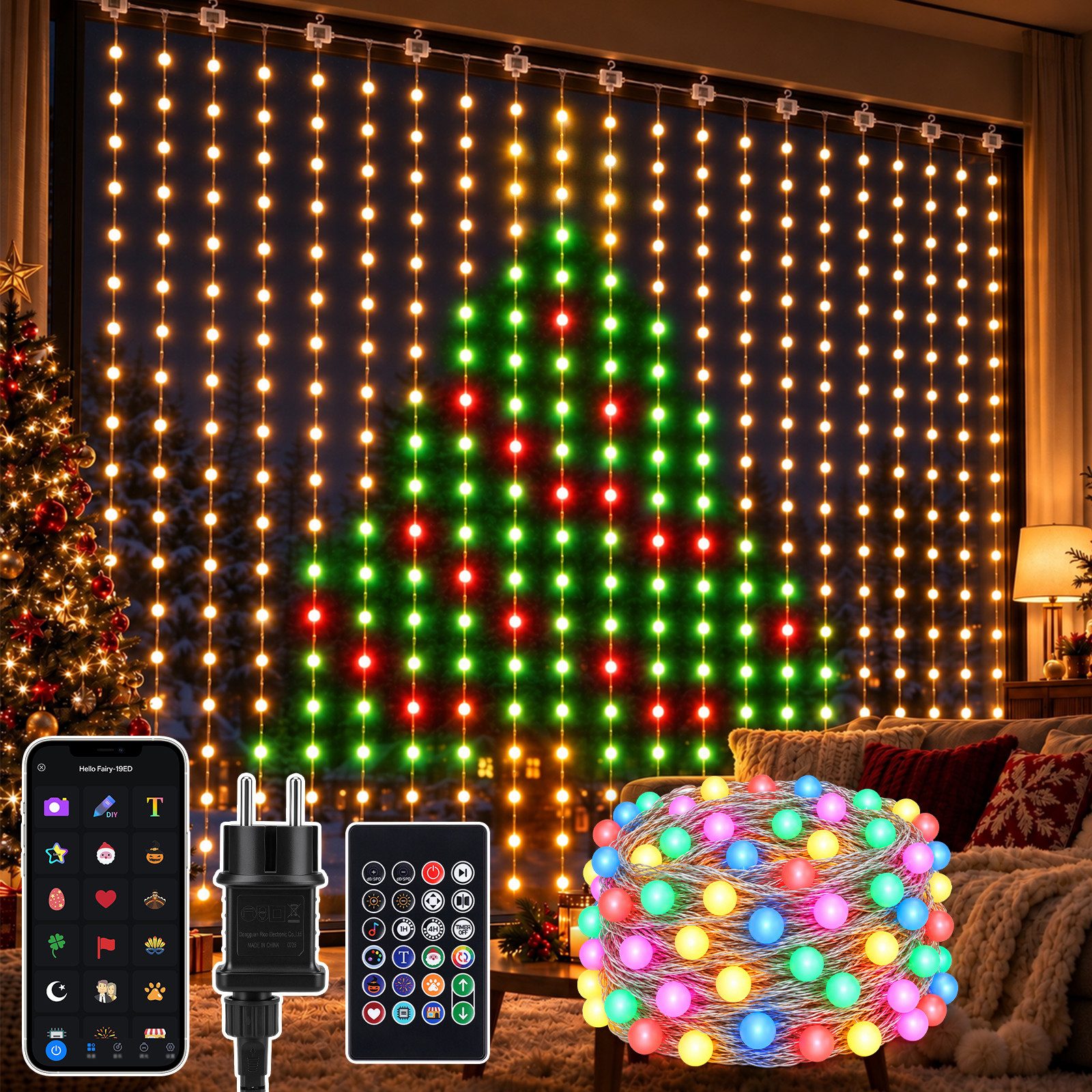 XERSEK Lichtervorhang 2×2m LED Vorhang Lichter Lichterkette, DIY Szenen, APP, Fernbedienung, 400 LED-Kugeln Lichtervorhang Timer Musik Sync, IP44, Für Weihnachten