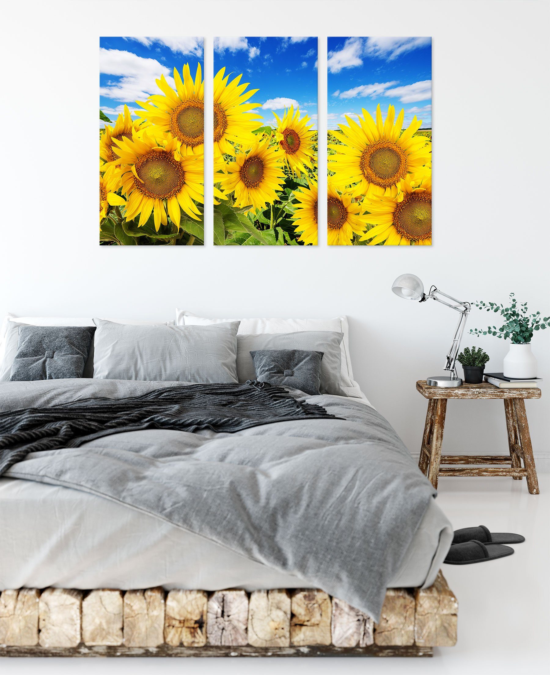 unter Pixxprint inkl. (120x80cm) fertig Leinwandbild Sonnenblumenwiese bespannt, St), Sonnenblumenwiese Zackenaufhänger (1 Leinwandbild Himmel, unter 3Teiler Himmel