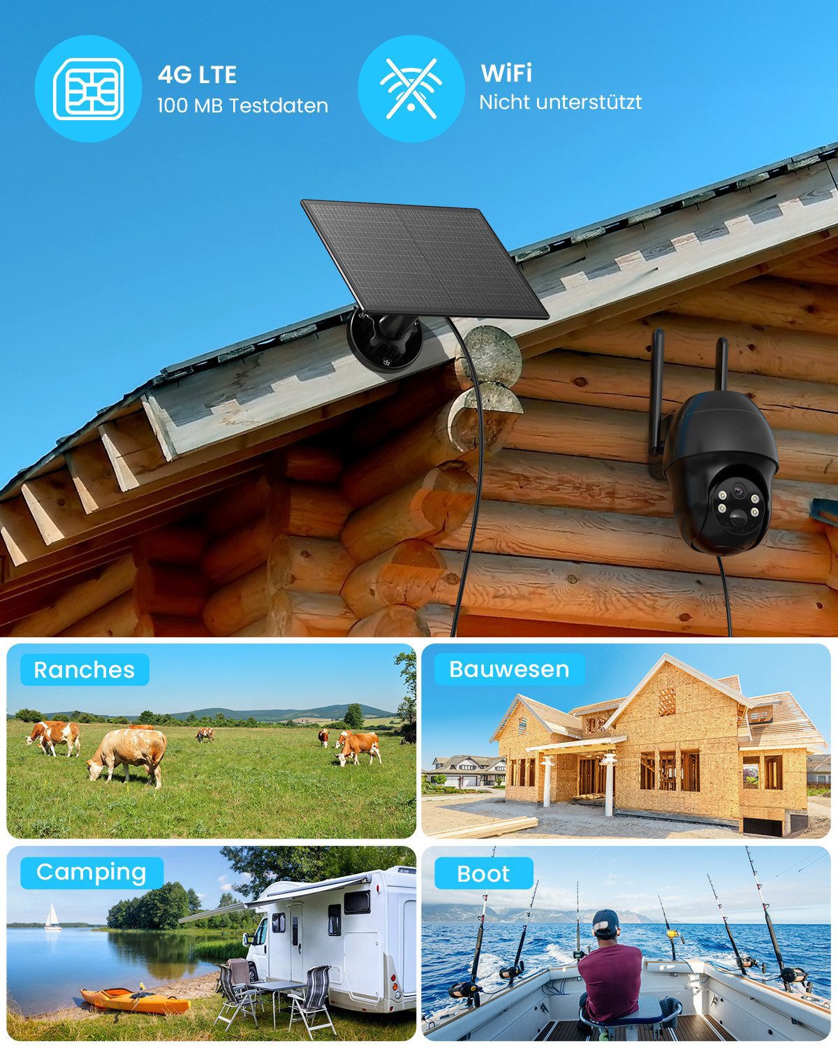 Topcony Überwachungskamera 4G LTE Überwachungskamera Aussen Akku mit SIM Karte Aussen Solar/Akku (Aussen, Außenbereich,Home,Schule,Geschäft,Wald,Farm,Campingbus – Bild 4 von 5