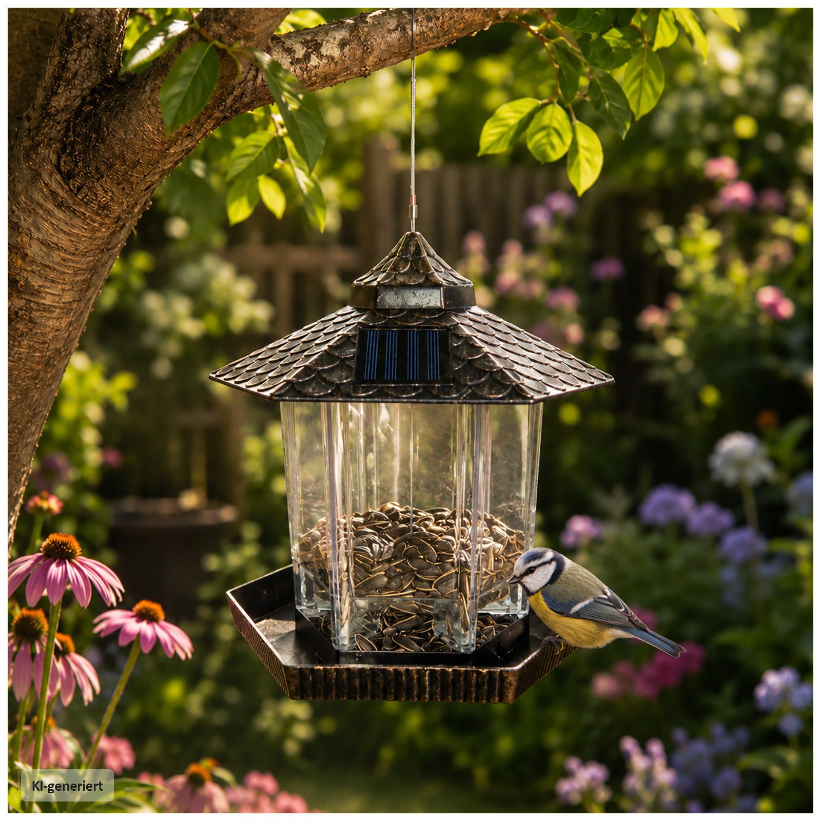 HTI-Living Futterspender Vogelfutterhaus Nessa Metallic Gold mit Solarpanel, Futterspender Kunststoff zum Hängen