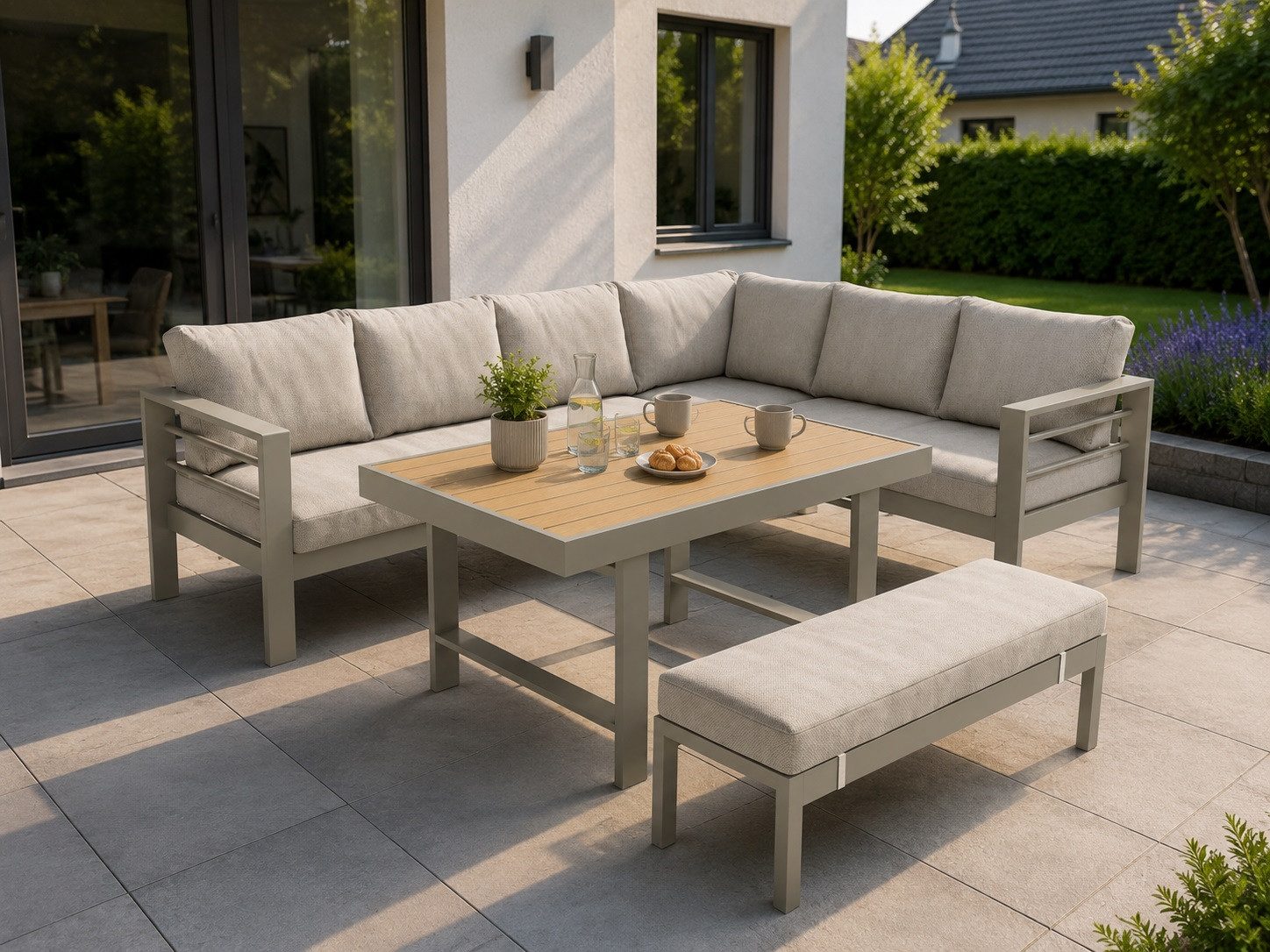 MeXo Gartenlounge-Set XXL Outdoor Lounge Set mit Esstisch, (Wetterfeste modulare Ecklounge aus Aluminium, 5-tlg., Gartenmöbel Set für 6-8 Personen), 12cm Deluxe Relax-Sitzkissen, 8 cm breite Armlehne