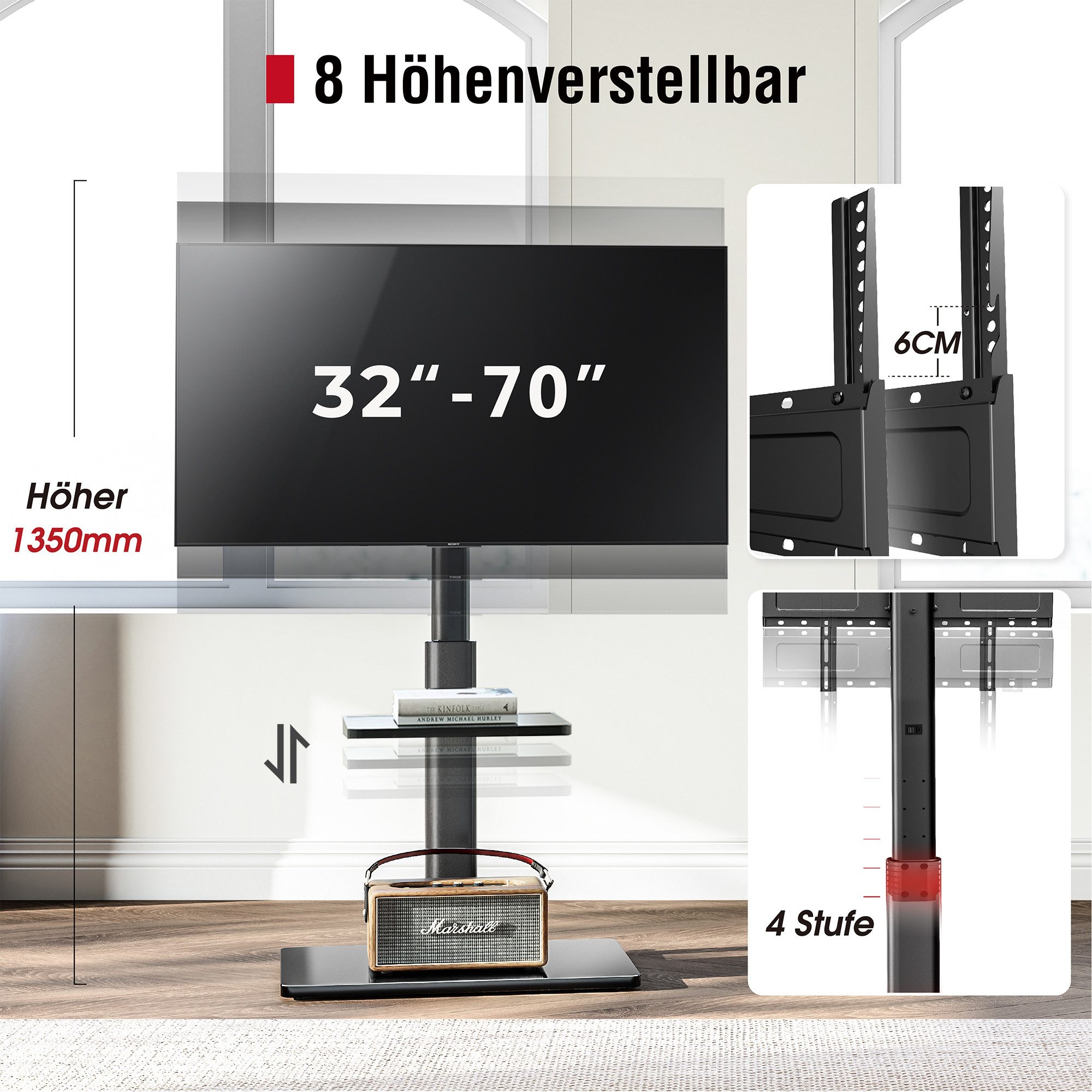 AOKCOS TV-Ständer Fernsehhalterung mit Ablage, 32-70 Zoll, (bis 70 Zoll, Tragfähigkeit bis 40 kg, höhenverstellbar, neigbar: -2° bis +10°, schwenkbar: ±30)