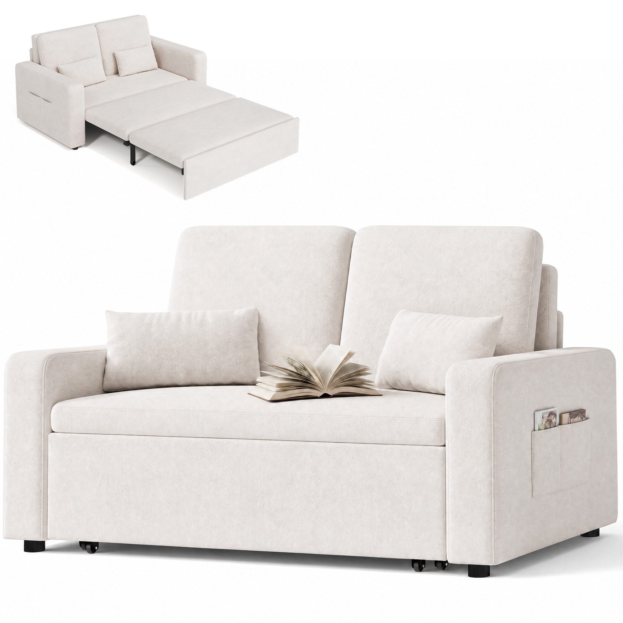 Blishom Schlafsofa 2-Sitzer-Schlafsofa aus Velours, ausziehbar, Liegefläche 117 x 196 cm, Mit Seitentaschen und zwei Zierkissen für Wohn- und Gästezimmer