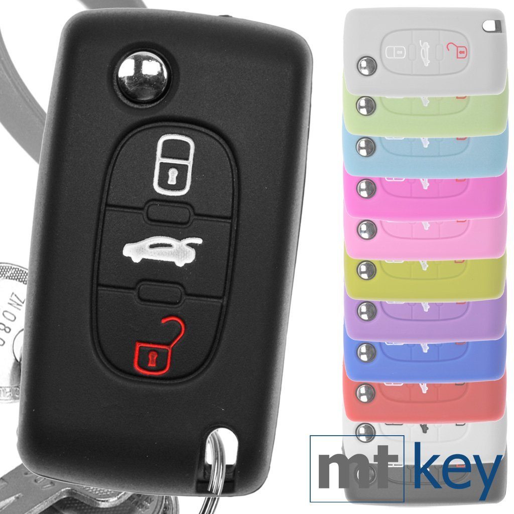 mt-key Schlüsseltasche Autoschlüssel Softcase Silikon Schutzhülle Schwarz, für Peugeot 307 308 I 407 Expert RCZ Citroen C4 C5 III 3 Tasten