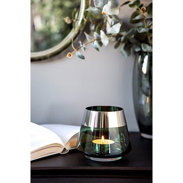 Fink Teelichthalter Teelichthalter JONA - dunkelgrün - Glas - H.13cm x B.15cm (1 St), mundgeblasen - folierter silberfarbener Rand - Ø Öffnung: 9,5 cm
