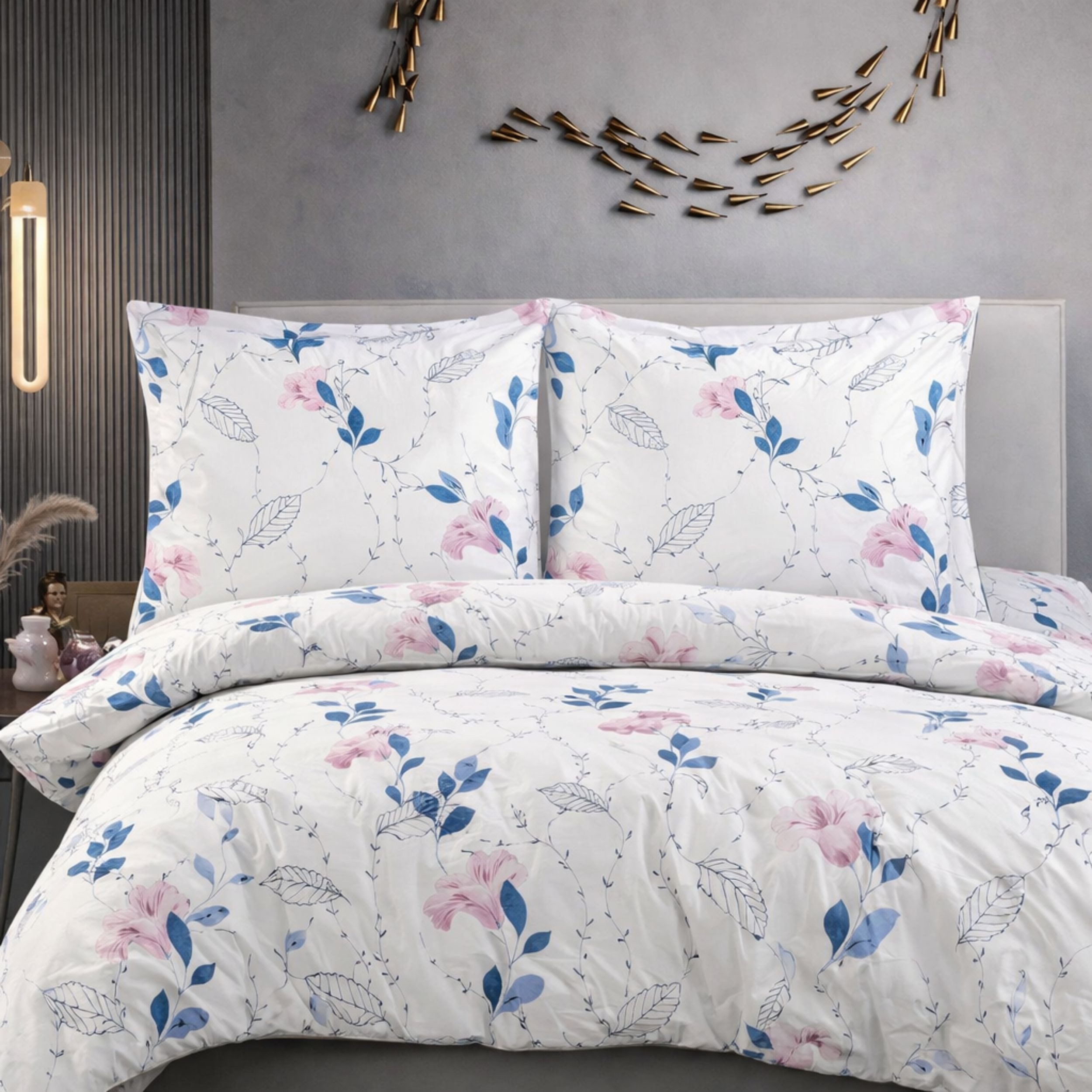 ZIRVEHOME Bettwäsche Baumwolle Bettwäsche-Set Weiß Bettbezug rosa-blauem Floralmuster, Renforce, 2 teilig, Baumwolle Bettbezug Weiß mit Blumenmuster Rosa Blau