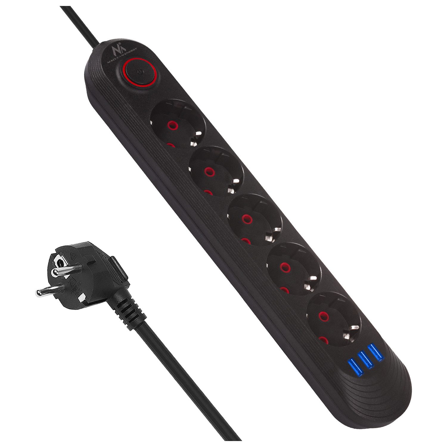 Maclean MCE395 5 Steckdosen 2500W 3xUSB Steckdosenleiste 5-fach (Kabellänge 1.5 m), 110-240V AC 50/60Hz, 2,1A max 2500W, 1,5m
