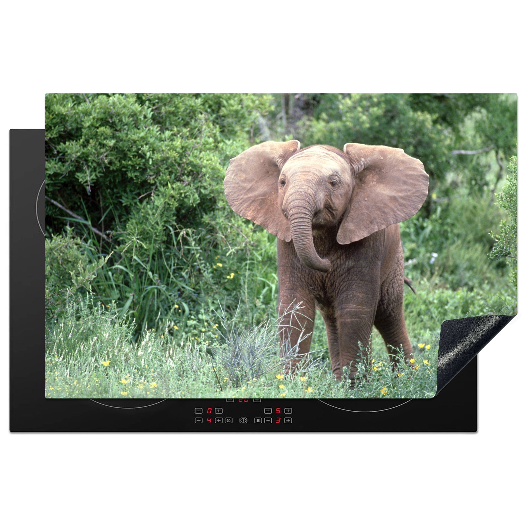 MuchoWow Herdblende-/Abdeckplatte Baby-Elefant im Gras mit gelben Blumen, Vinyl, (1 tlg), 81x52 cm, Induktionskochfeld Schutz für die küche, Ceranfeldabdeckung