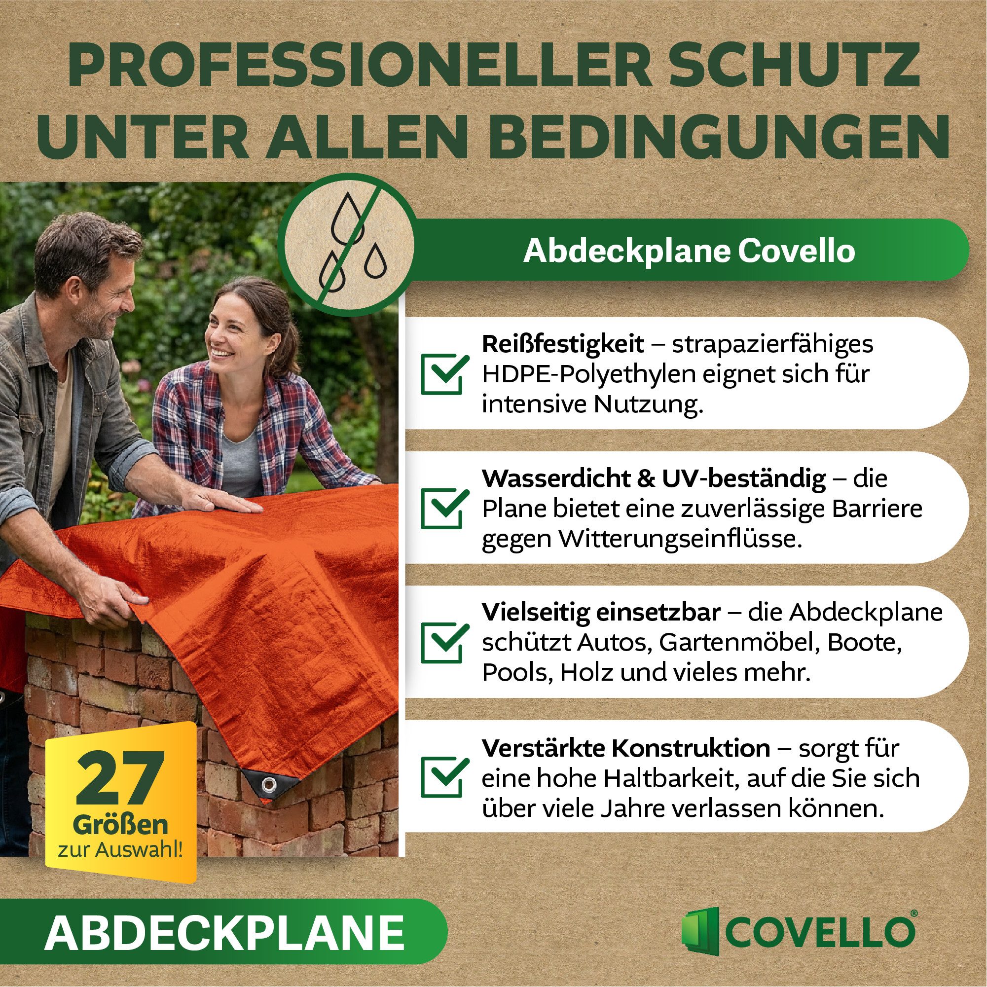 Covello Schutzplane 260g/m² orange, Abdeckplane mit Ösen wasserdicht, Plane UV-stabilisiert in vielen verschiedenen Farben & Größen