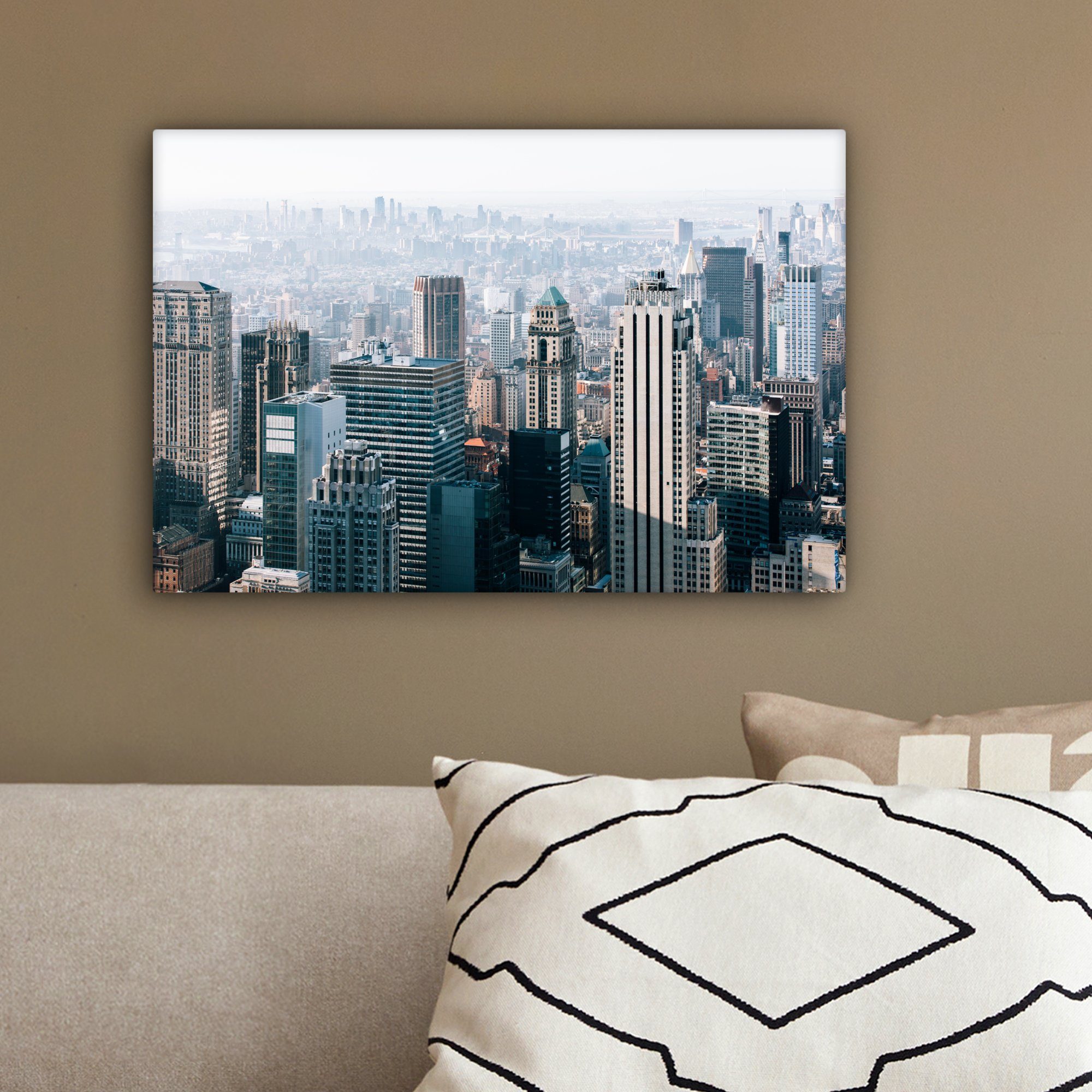 Leinwandbild Aufhängefertig, Leinwandbilder, St), Nebel, 30x20 - (1 New Skyline Wandbild Wanddeko, - York OneMillionCanvasses® cm