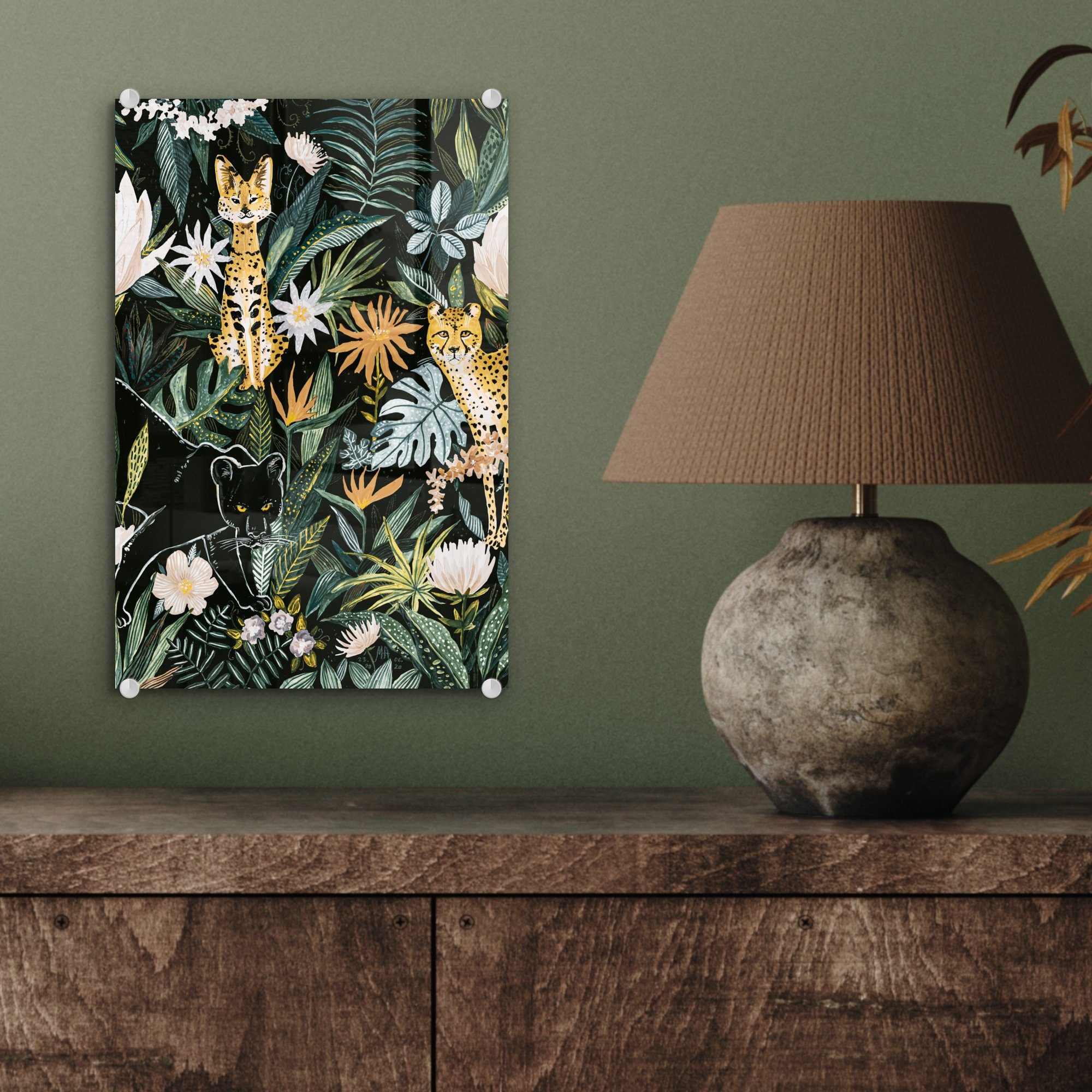Glas - Panther, Dschungel Pflanzen Wandbild St), auf - Wanddekoration Acrylglasbild auf Glas Glasbilder Bilder - Foto MuchoWow - (1 -