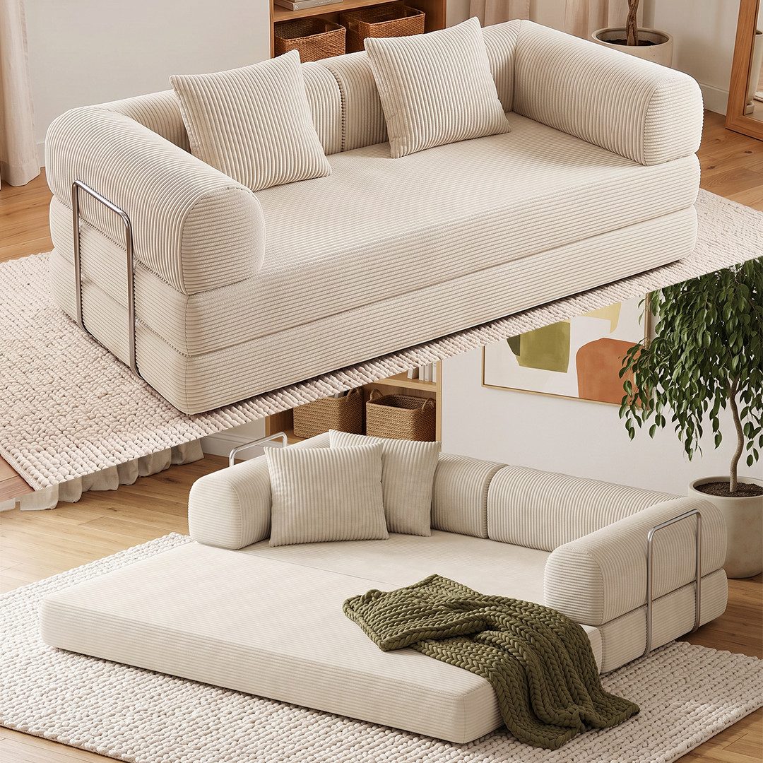 skølm Sofa & Sessel Lofn aus Vollschaum Cord, umwandelbar zum Schlafsofa/-Sessel, Beige, Cordsofa 200 cm breit, 2 Sitzer, kein Aufbau erforderlich, vakuumiert