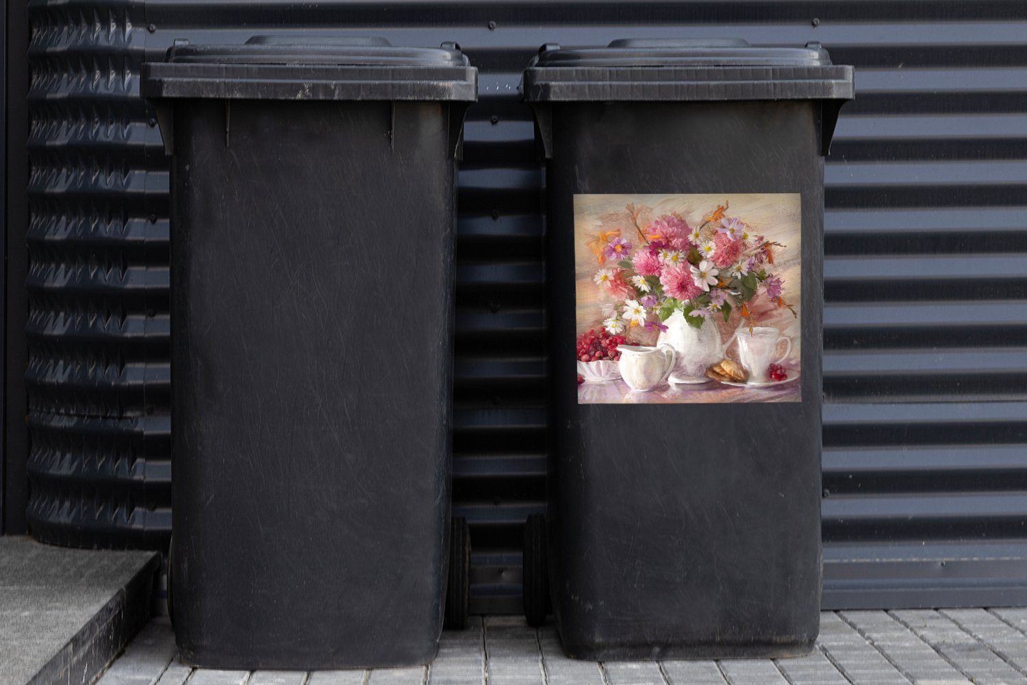 Abfalbehälter Ölfarbe - Mülltonne, Wandsticker Sticker, MuchoWow St), Container, Gemälde - Blumen - Mülleimer-aufkleber, Vase (1