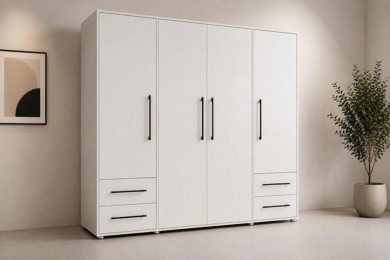 FORTE Kleiderschrank Mokkaris, Garderobe, zeitloses Design, 4 Türen, Made in Europe (B/H/T ca. 206x200x59cm) 4 Schubladen + schwarze Stangengriffe, Made in Europe, viel Stauraum
