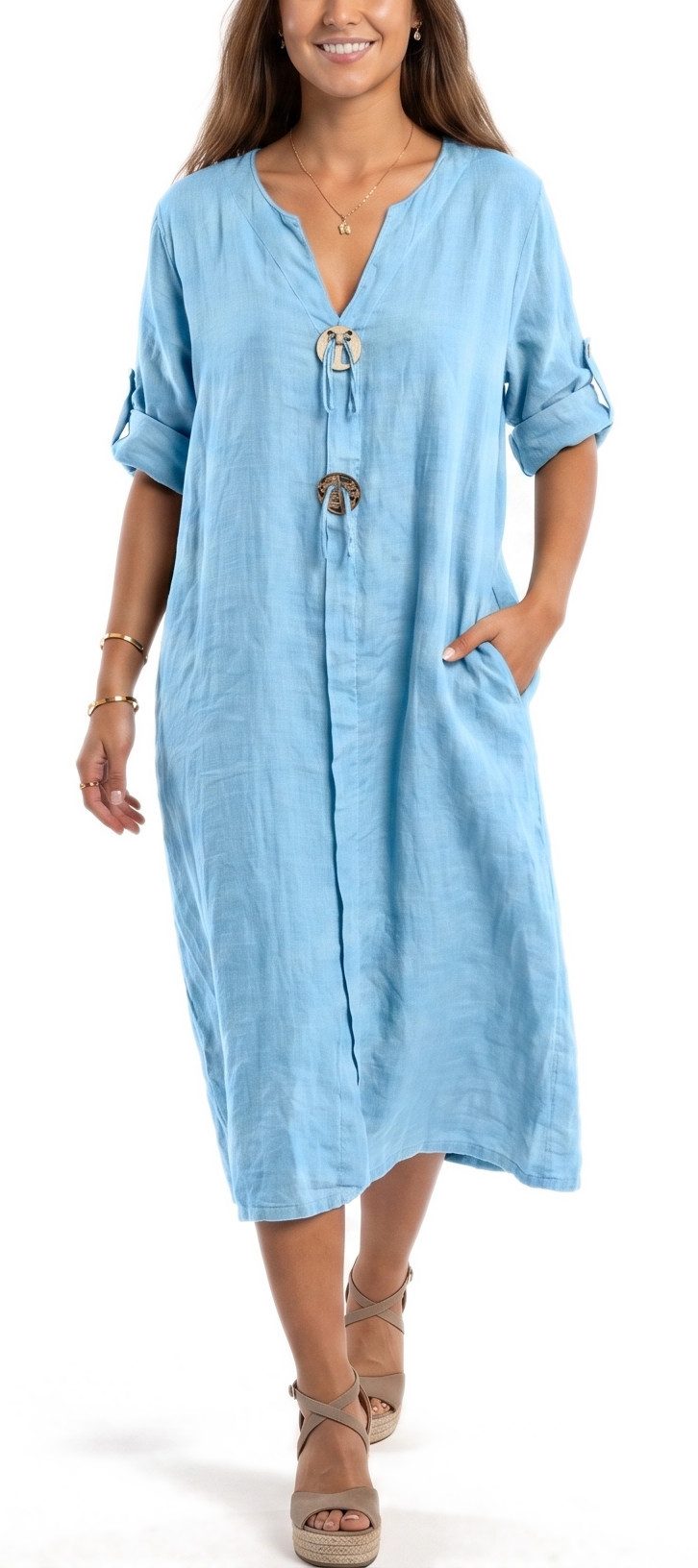 dy_mode Hemdblusenkleid Damen Leinenkleid Midi Hemdblusenkleid mit V-Ausschnitt Freizeitkleid in Unifarbe, V-Ausschnitt, mit seitlichen Eingriffstaschen