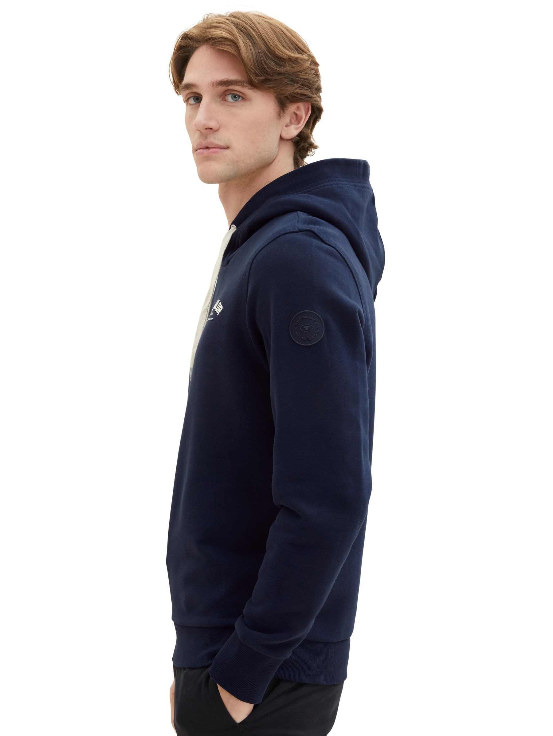 TOM TAILOR Hoodie mit Label-Print Tunnelzug Cotton für Baumwolle Regular Fit Kapuze bedruckt wärmend Tunnelzug
