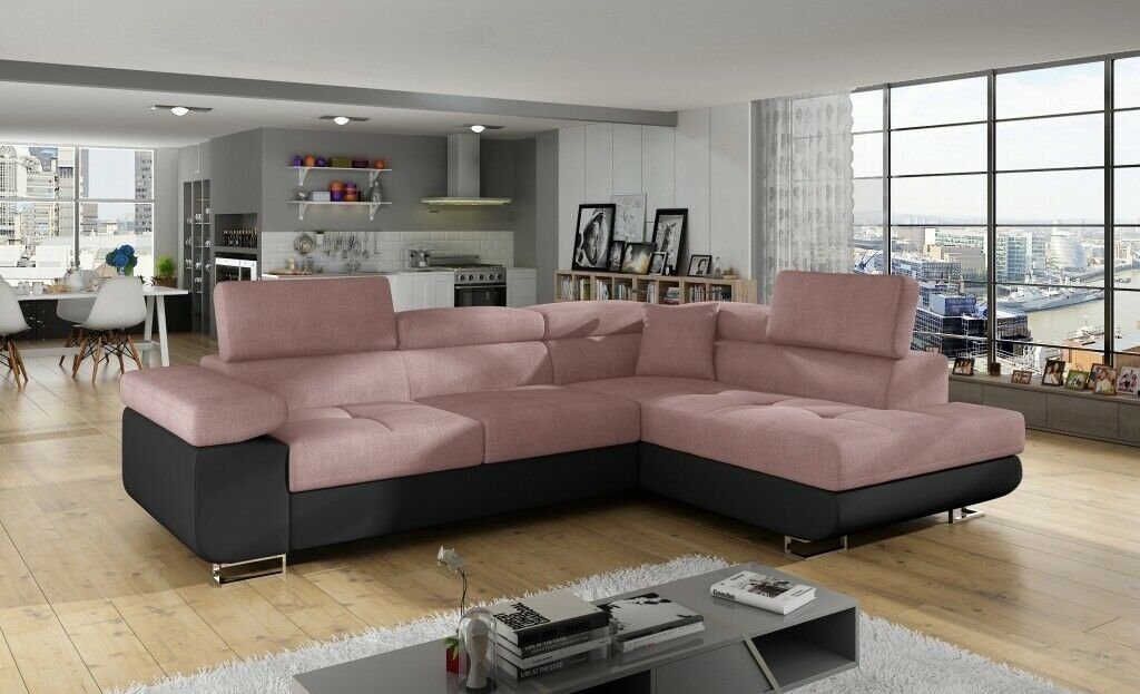 in Eck Europe Stoff L-Form Ecksofa Made Ecksofa Design Couch JVmoebel Rosa/Schwarz Sofa Couch,
