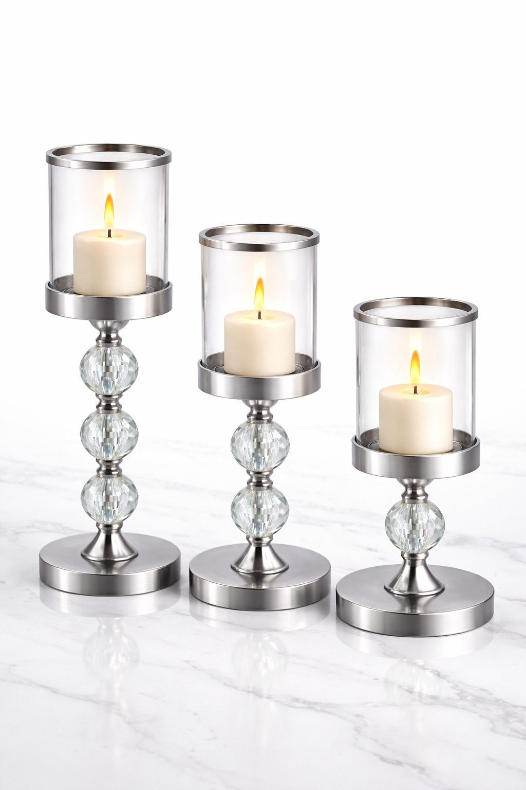 Ruhhy Kerzenständer Kerzenständer Laternen Set 3-teilig Glamour mit Kristalloptik Silber (Kerzenständer Set 3-teilig für Tischdekoration im Glamour Stil, 3 St., 3-teiliges Kerzenständer Set aus Glas und Metall mit Kristalloptik), Kristalloptik Unterschiedliche Höhen Verspiegelte Einsätze