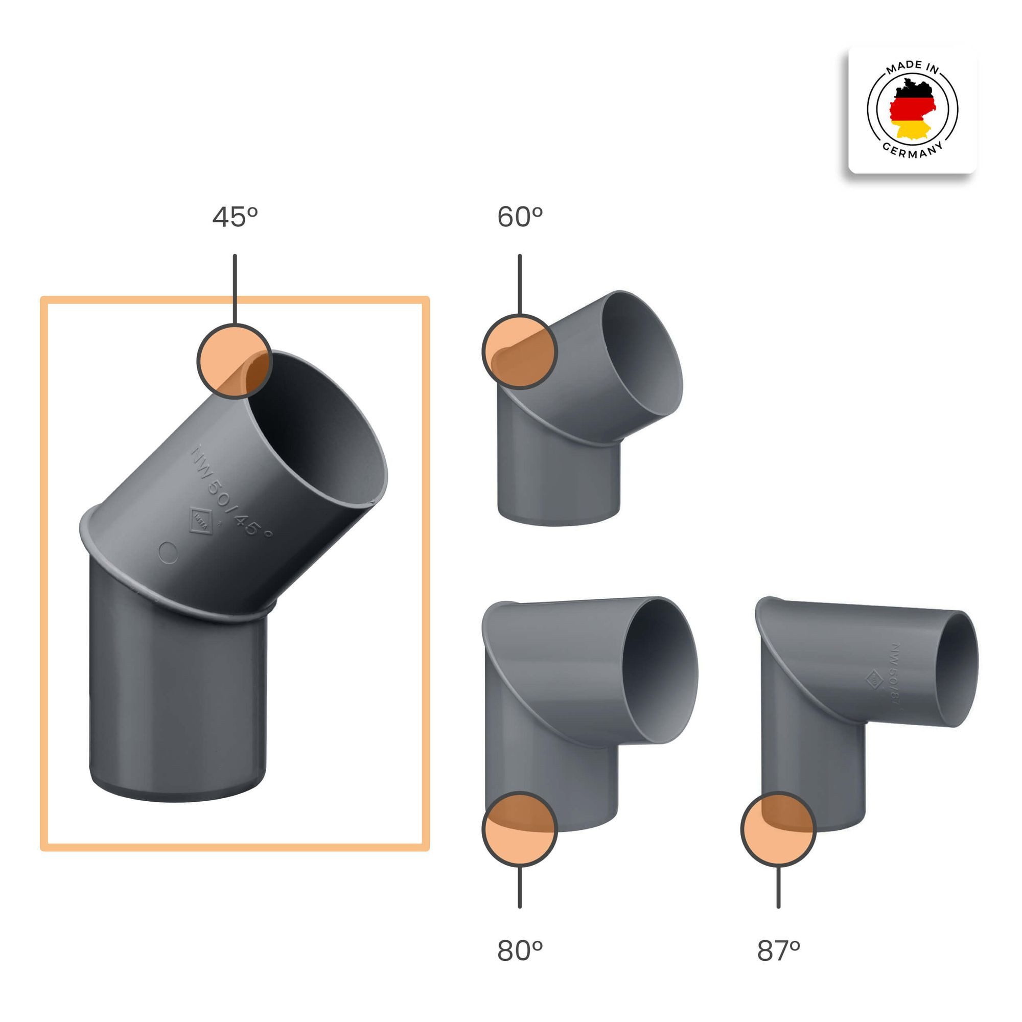 INEFA Regenfallrohr Fallrohrbogen 45 Grad, (DN 50), Kunststoff, Fallrohrbogen für Regenfallrohr, Rohrverbinder Regenrinnen
