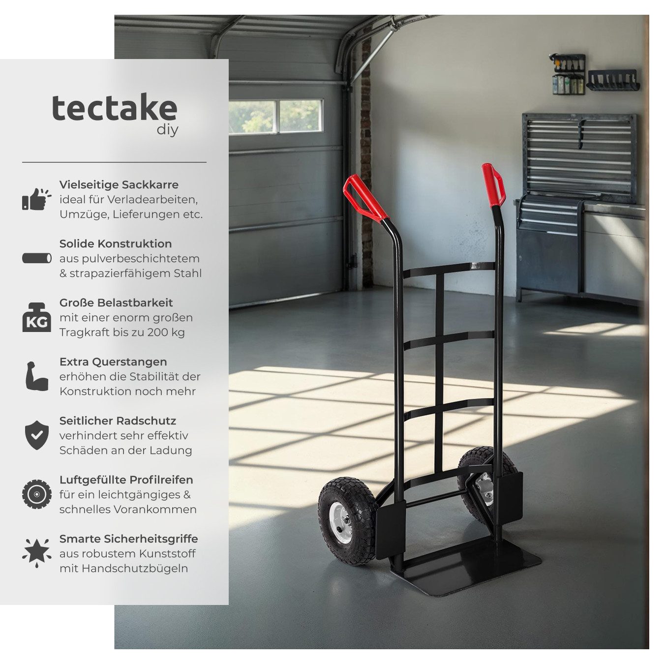 tectake Sackkarre Transportroller mit Stahlrahmen und Luftbereifung, 200 kg belastbar, (Rollwagen, in schwarz), mit Ladeschaufel samt Radschutz, Sicherheitsgriffe aus Kunststoff