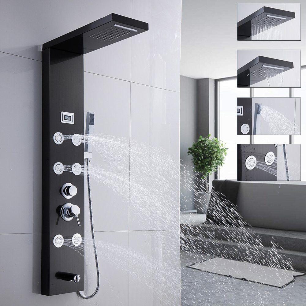 XIIW Duschsystem Duschsystem Edelstahl Duschpaneel Duschsäulen,mit Regendusch, Massagedüsen Handbrause Wasserfalldusche Kopfbrause, mit 1,5m S/S flexibler Schlauch,Schwarz