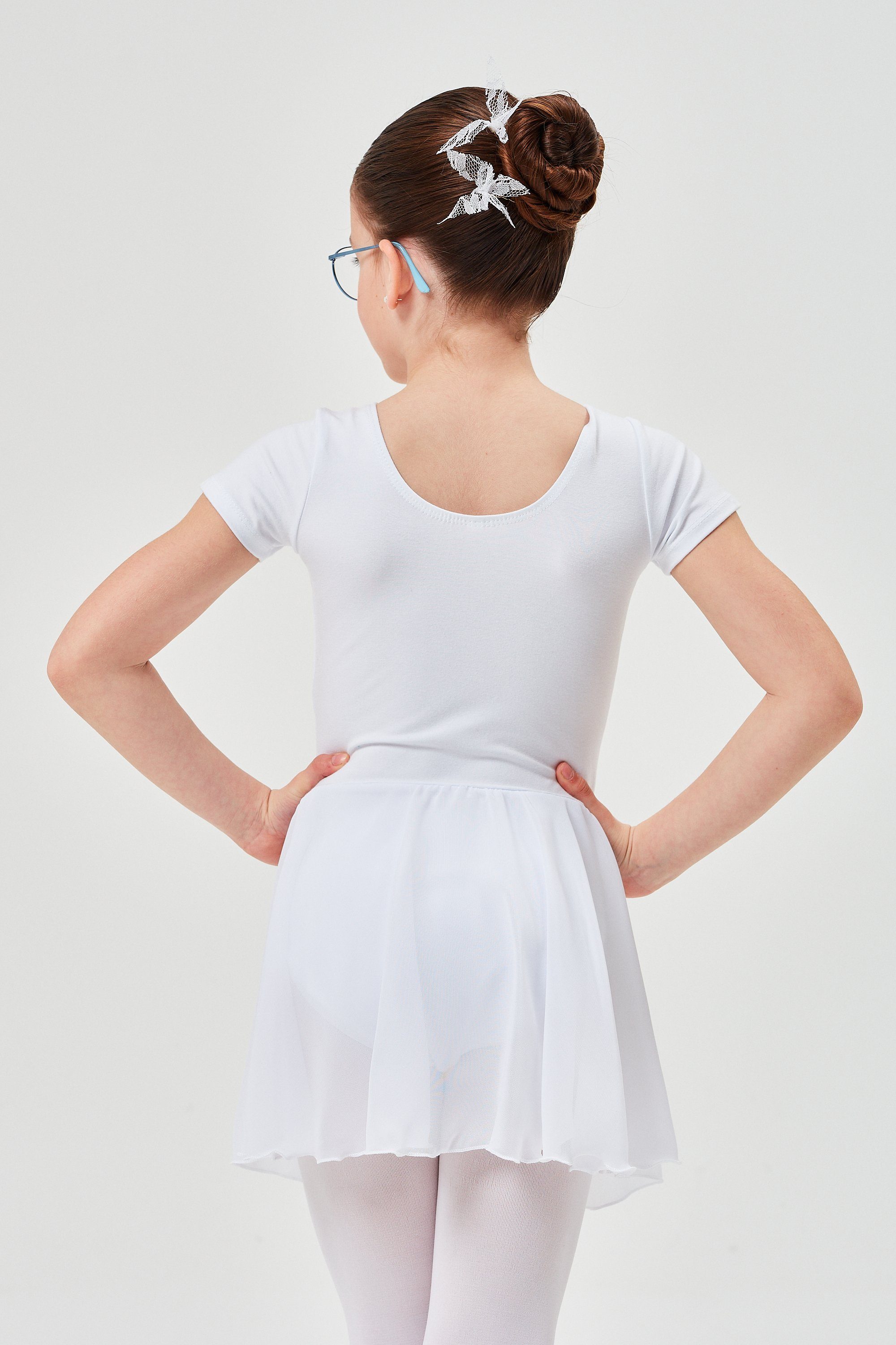 tanzmuster Chiffonkleid Ballettkleid Lucy mit kurzen Ärmeln Mädchen Ballettbody mit Chiffon Röckchen