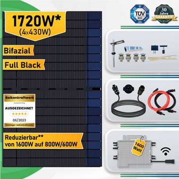 Campergold Solaranlage Balkonkraftwerk 1720W/1600W mit PV Montage inkl. Bifazial Solarmodul, Monokristallines und Stockschrauben Halterung mit DEYE 1600W SUN-M160G4-EU-Q0 WLAN Mikro-Wechselrichter drosselbar von 1600W auf 800W/600W inkl. 10m Wielandstecker Plus Verlängerungskabel)