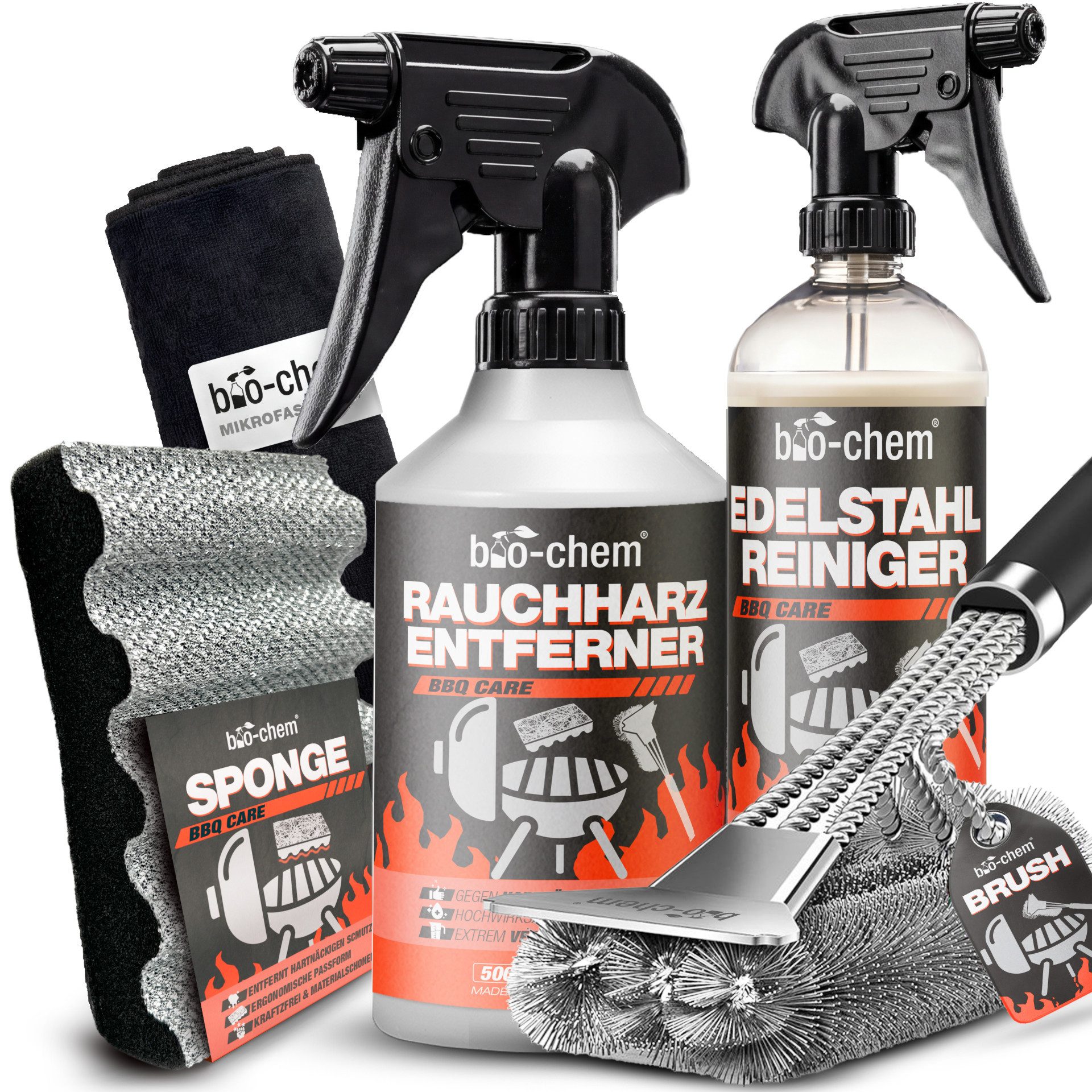bio-chem Grillreiniger Set 5-teilig – Profi-Reinigung & Edelstahlreiniger Grillreiniger (Sparpaket, [- Rauchharz-Entferner, Edelstahl-Reiniger, Grillbürste, Schwamm, Tuch 4-teiliges Set mit Reinigern & Zubehör)