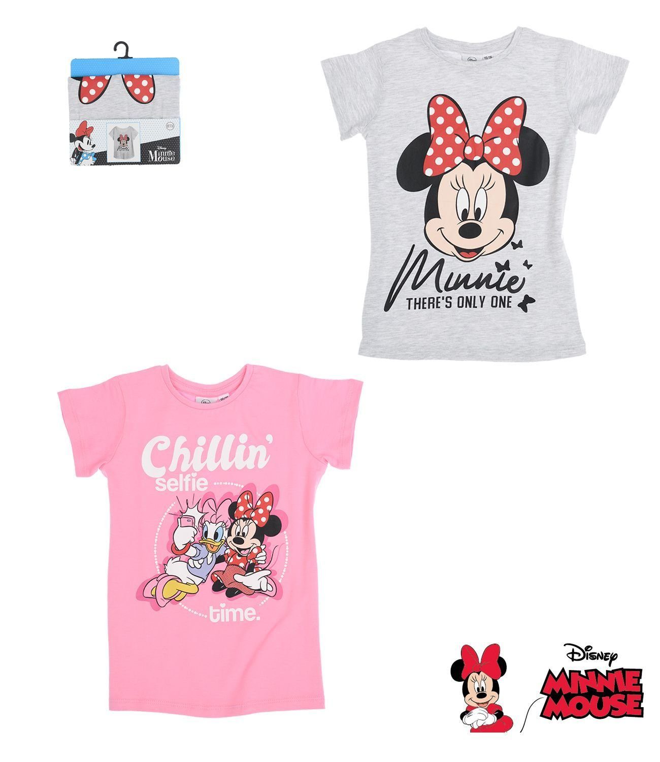 Disney Minnie Mouse Print-Shirt 2x MINNIE MOUSE T-Shirt Mädchen Doppelpack grau + rosa Mädchenshirt Kinder Größen 92 104 116 128 für 2 3 4 5 6 7 8 9 10 Jahre