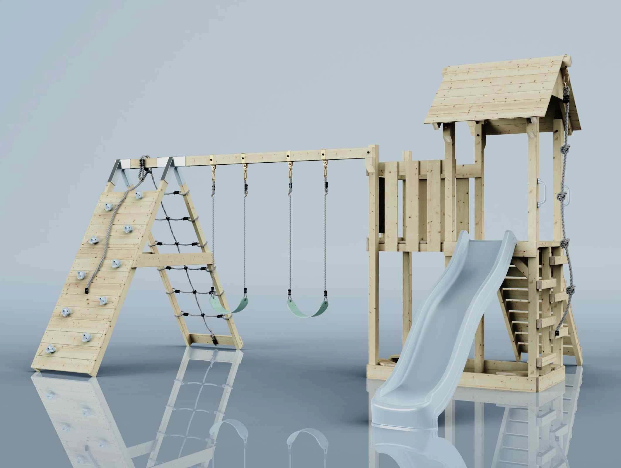 OutdoorToys Spielturm Roskilde, aus Holz in Eisblau mit Kinderschaukel