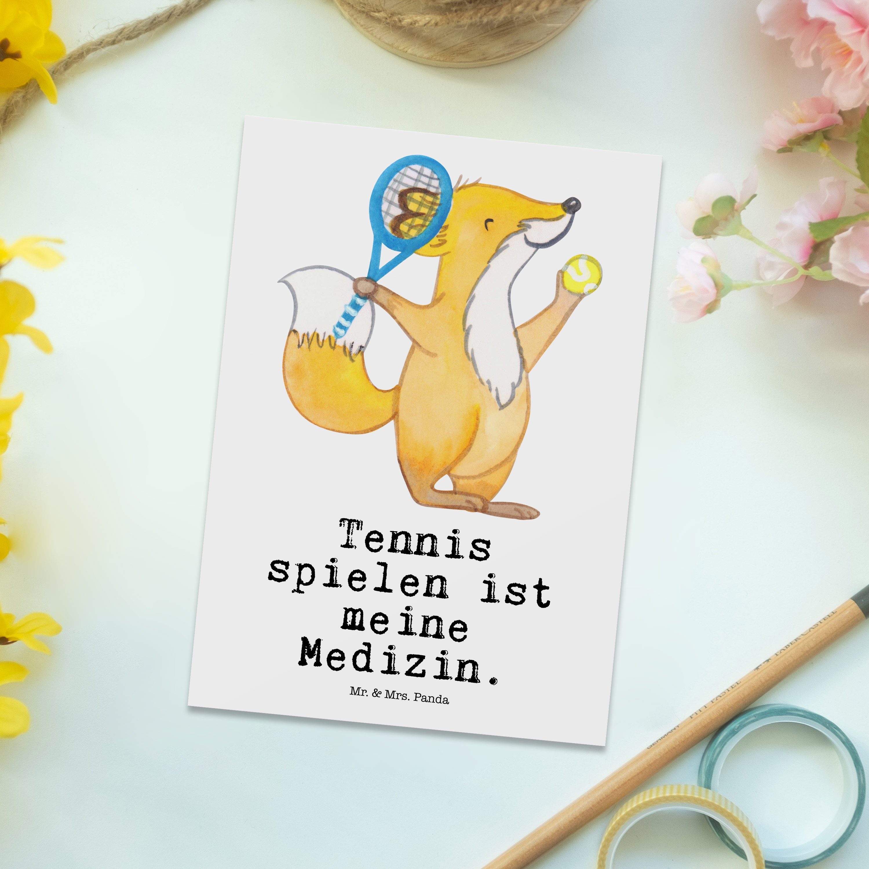 Mr. & Mrs. Panda Medizin Postkarte Geschenk, Weiß - Ansichtskarte, Sporta spielen Tennis - Fuchs