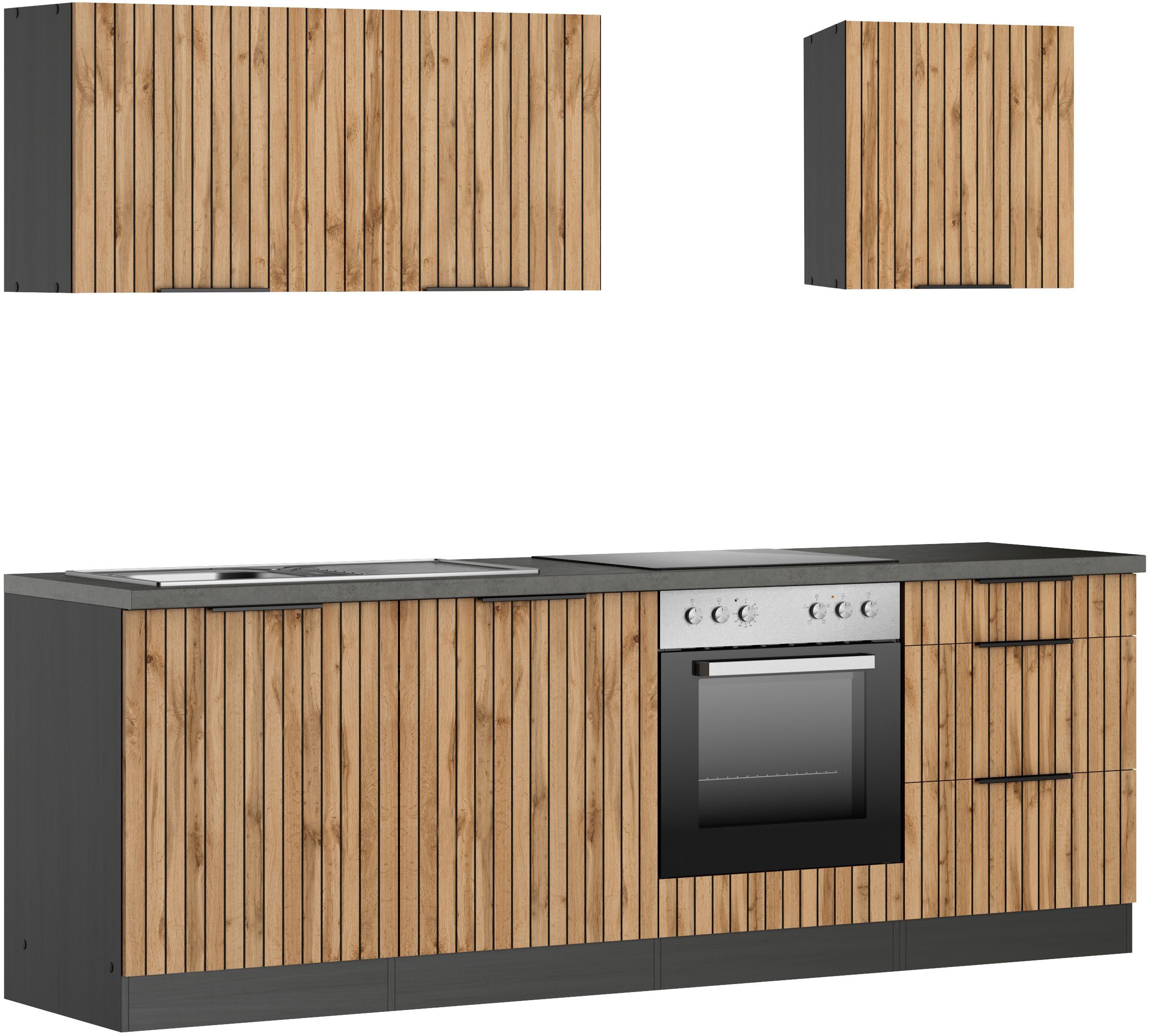 KOCHSTATION Küchenzeile KS-Lagos, Breite 240 cm,wahlweise mit E-Geräten, Spüle in edelstahl oder schwarz