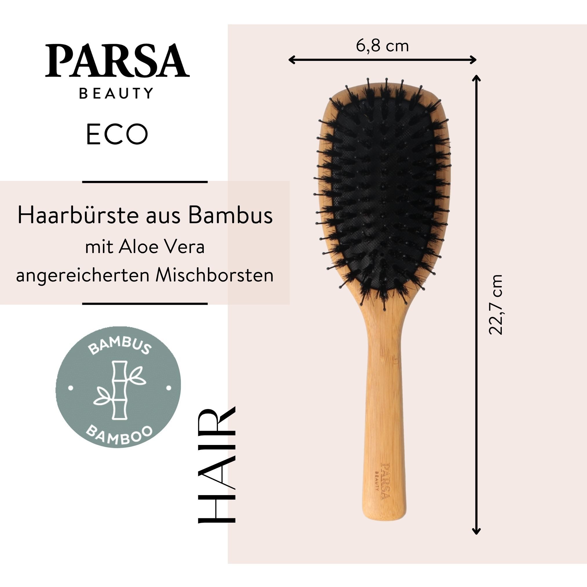 PARSA Beauty Haarbürste Eco Paddle-Bürste, FSC-Bambus & Naturborsten mit Aloe Vera