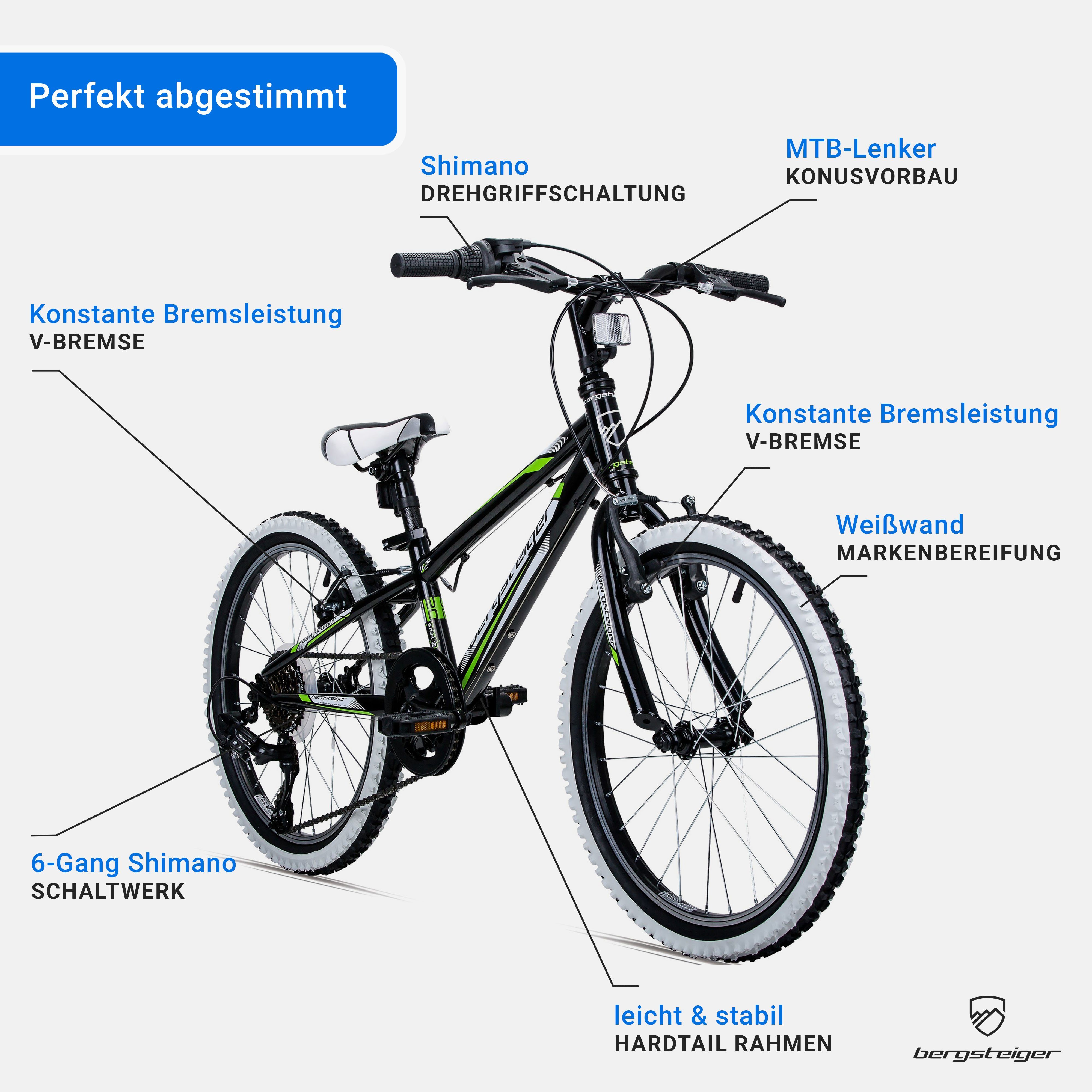 bergsteiger Kinderfahrrad Kansas 20, 24 Zoll, 6, 7, 8, 9, 10, 11 Jahre, Mädchen, Jungen, 6 Gang Shimano Tourney RD-TY300 Schaltwerk, Kettenschaltung, V-Brakes – Bild 5 von 5