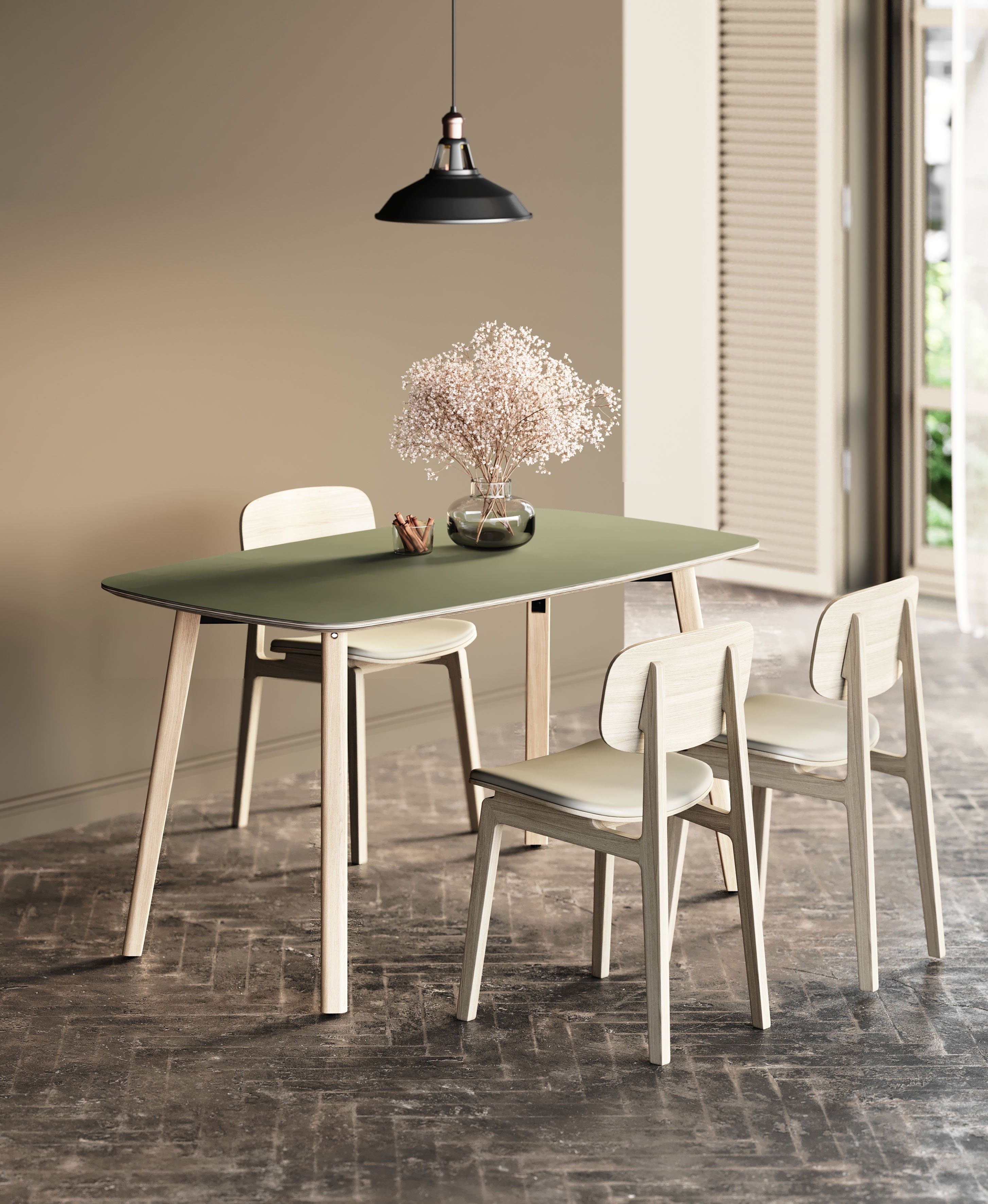 OTTO products Esstisch Tables, Füße massiv, mit Eiche schöner Beschichtung aus olive/eiche Linoleum natur
