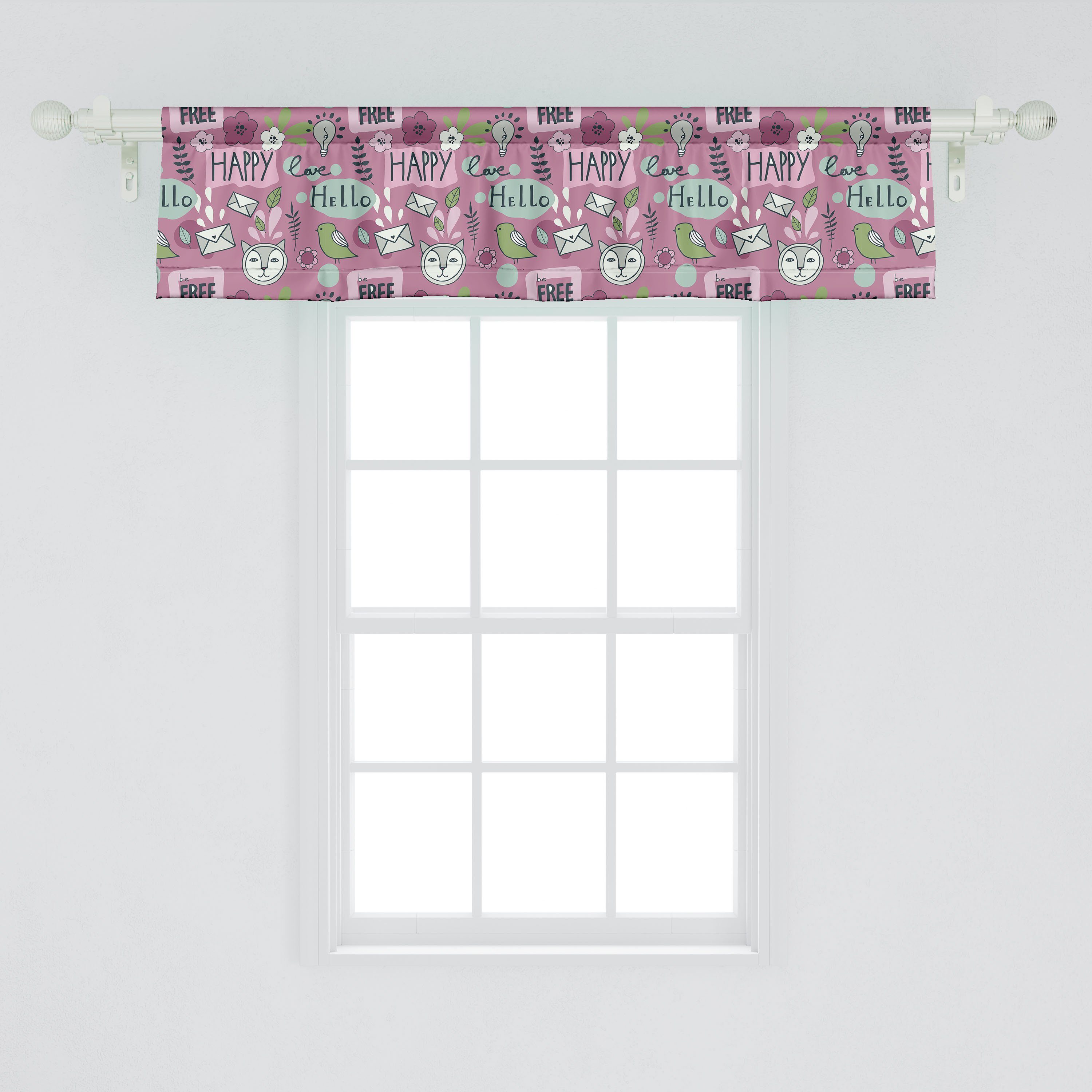 Scheibengardine Vorhang Volant für Microfaser, Wording Küche Sprichwort Dekor Happy Free Abakuhaus, mit Schlafzimmer Stangentasche, Hallo