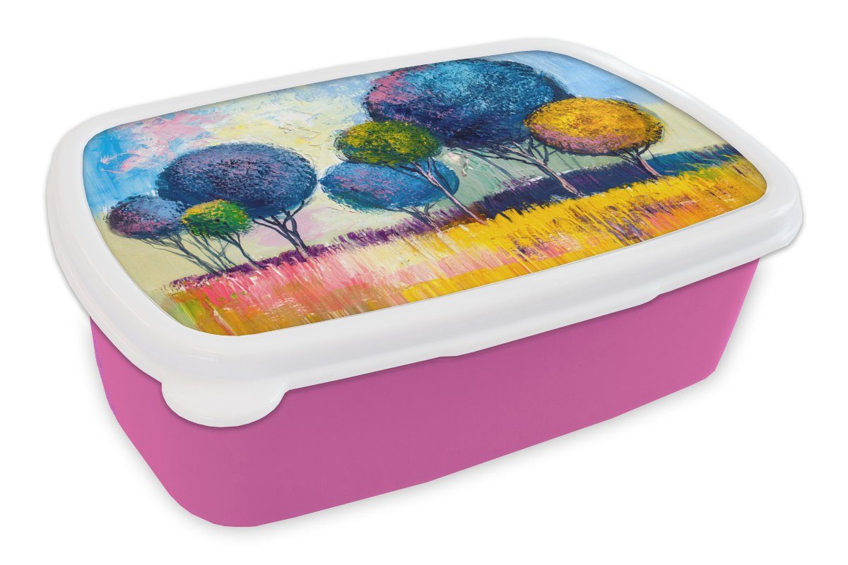 MuchoWow Lunchbox Gemälde - Ölfarbe - Baum - Natur, Kunststoff, (2-tlg), Brotbox für Erwachsene, Brotdose Kinder, Snackbox, Mädchen, Kunststoff rosa