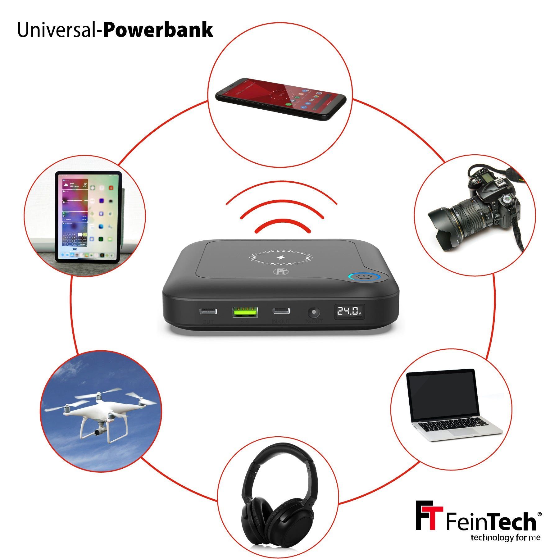 FeinTech PLG02400 Laptop Powerbank 24000 mAh, Wireless Charging, DC-Ausgang  12-24V