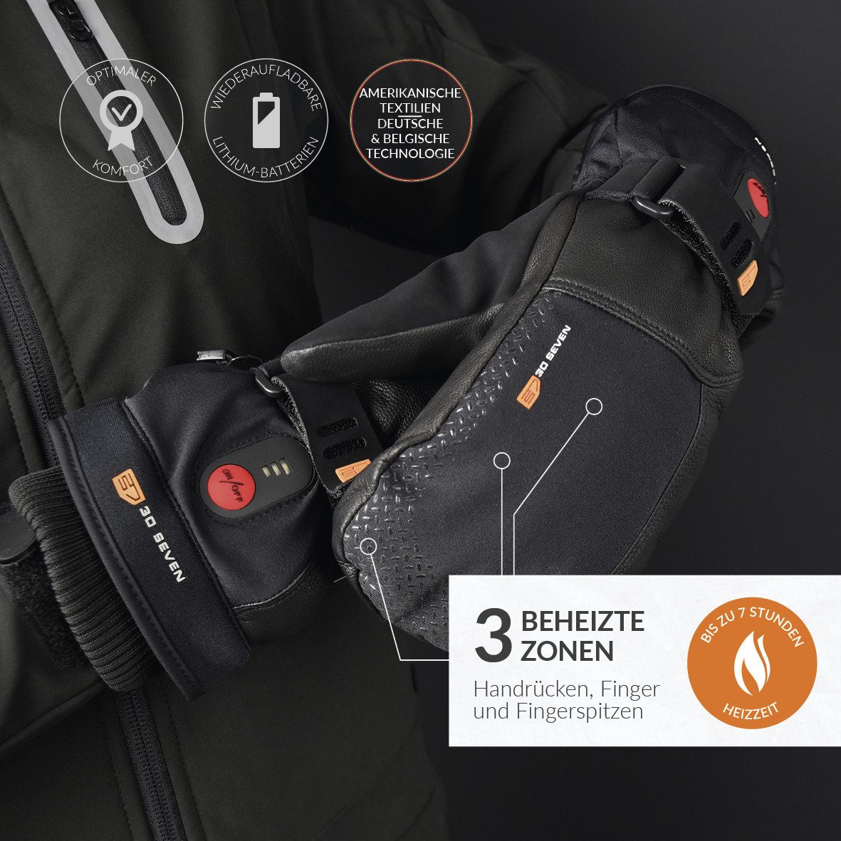 30seven Fäustlinge beheizte Fäustlinge, extra warm - schwarz 7,4V Set inkl. 2 Akkus & Doppelladegerät