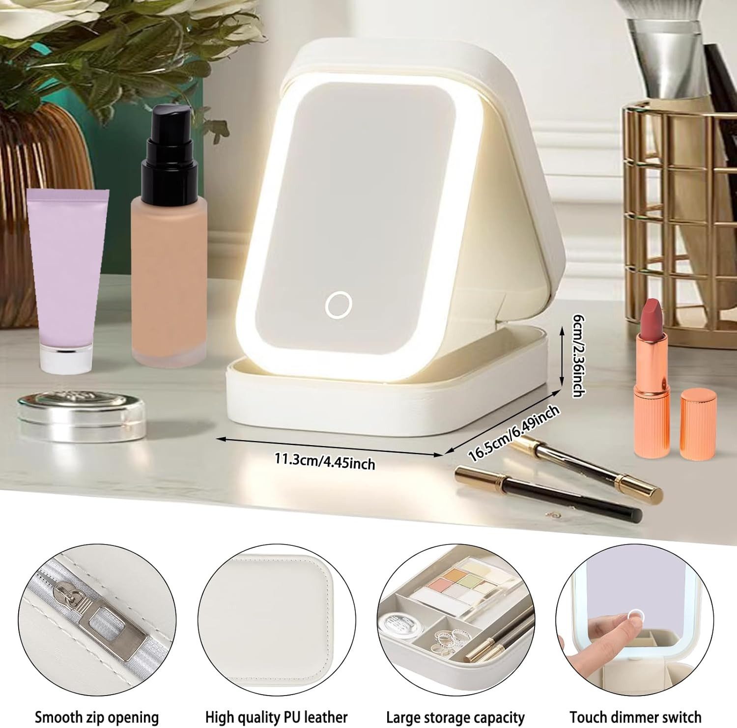 FELIXLEO Vergrößerungsspiegel Kosmetiktasche mit Spiegel 3 Farben LED Make Up Tasche Reise Weiss – Bild 4 von 5
