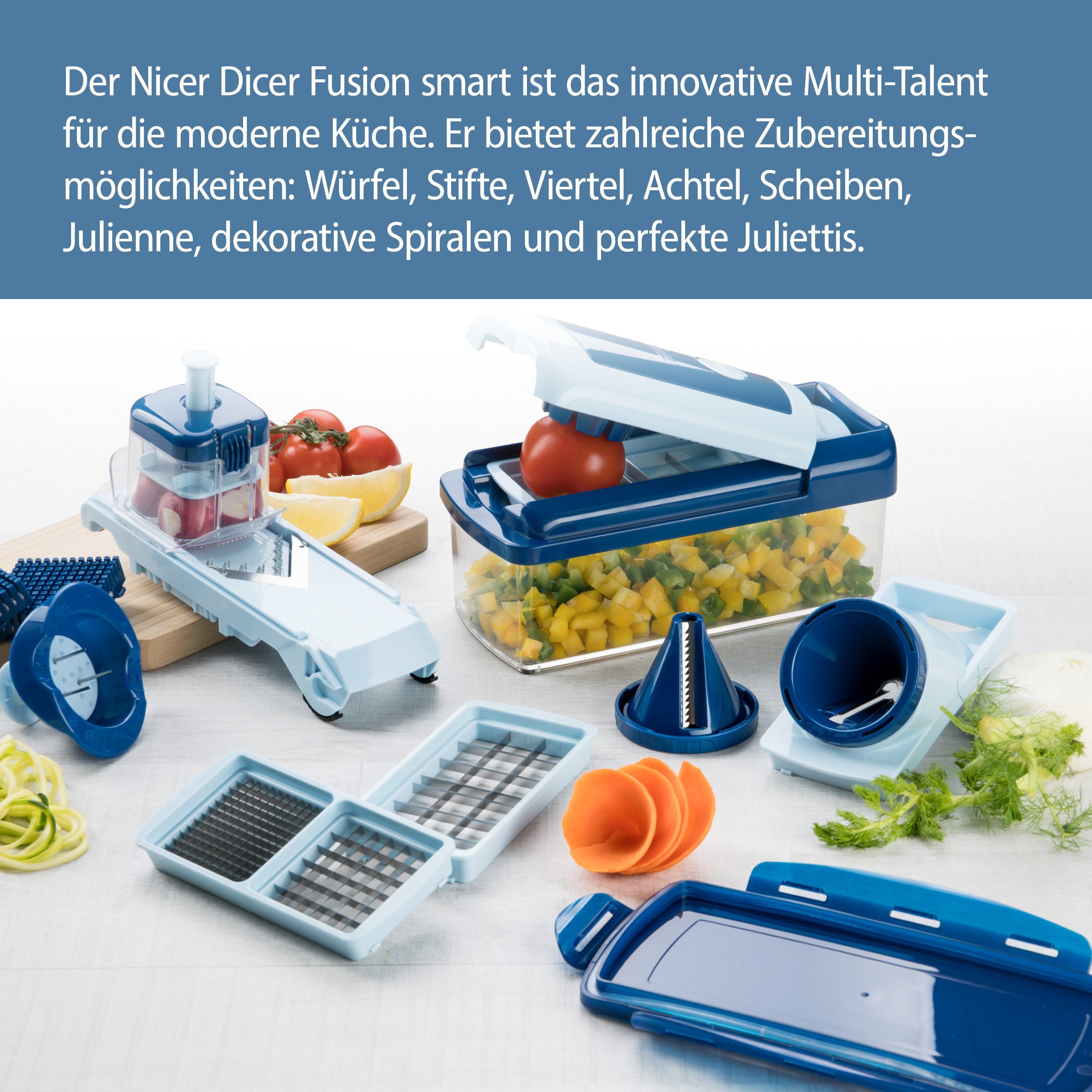Genius Gemüseschneider Zerkleiner Nicer Dicer Fusion Smart Gemüsehobel manuell, Julietti Spiralschneider für Juliennes, Würfel